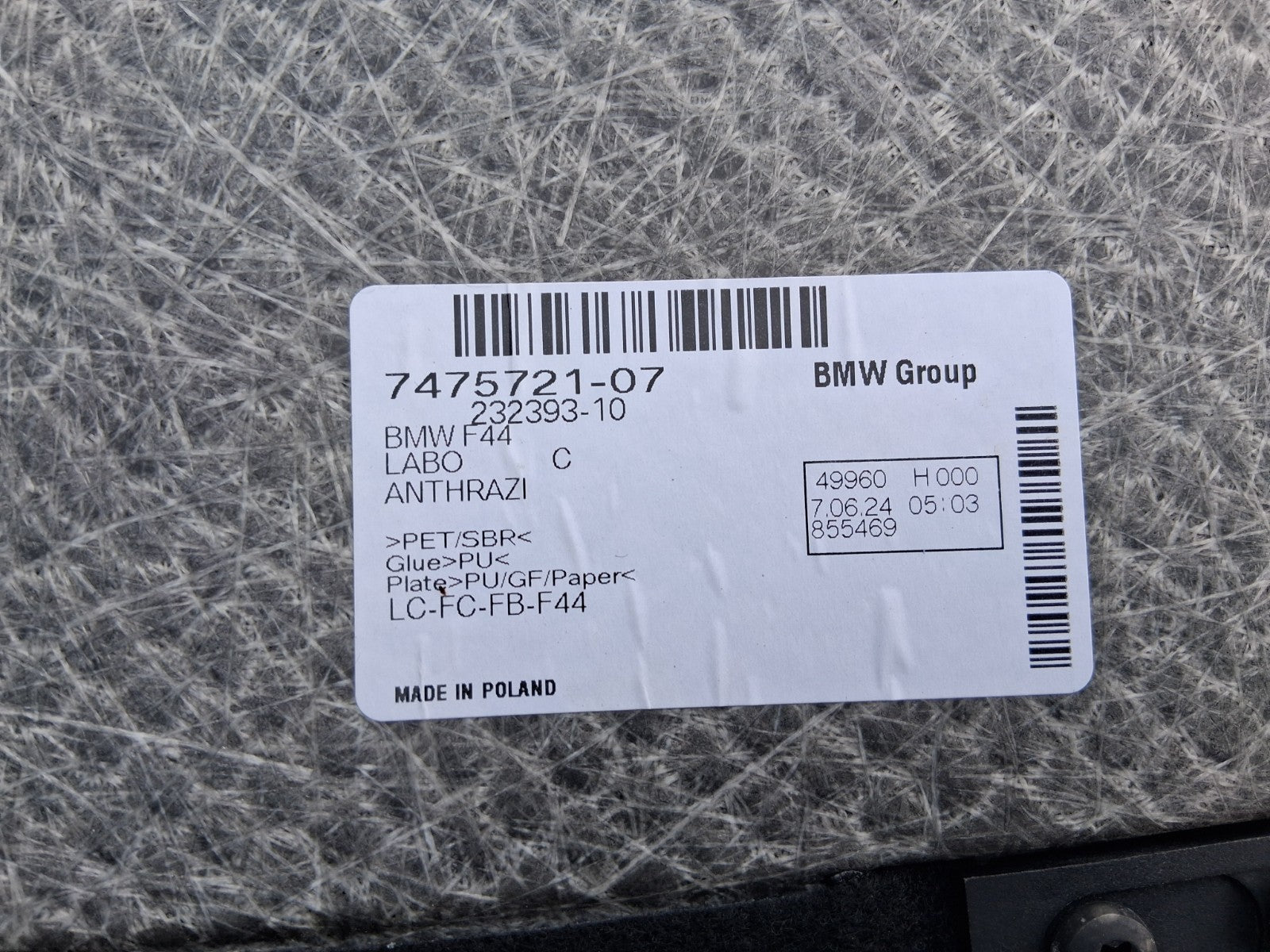2024 BMW 2 SERIES F44 COUPE REAR REAR BOOT FLOOR LINER CARPET MAT 7475721