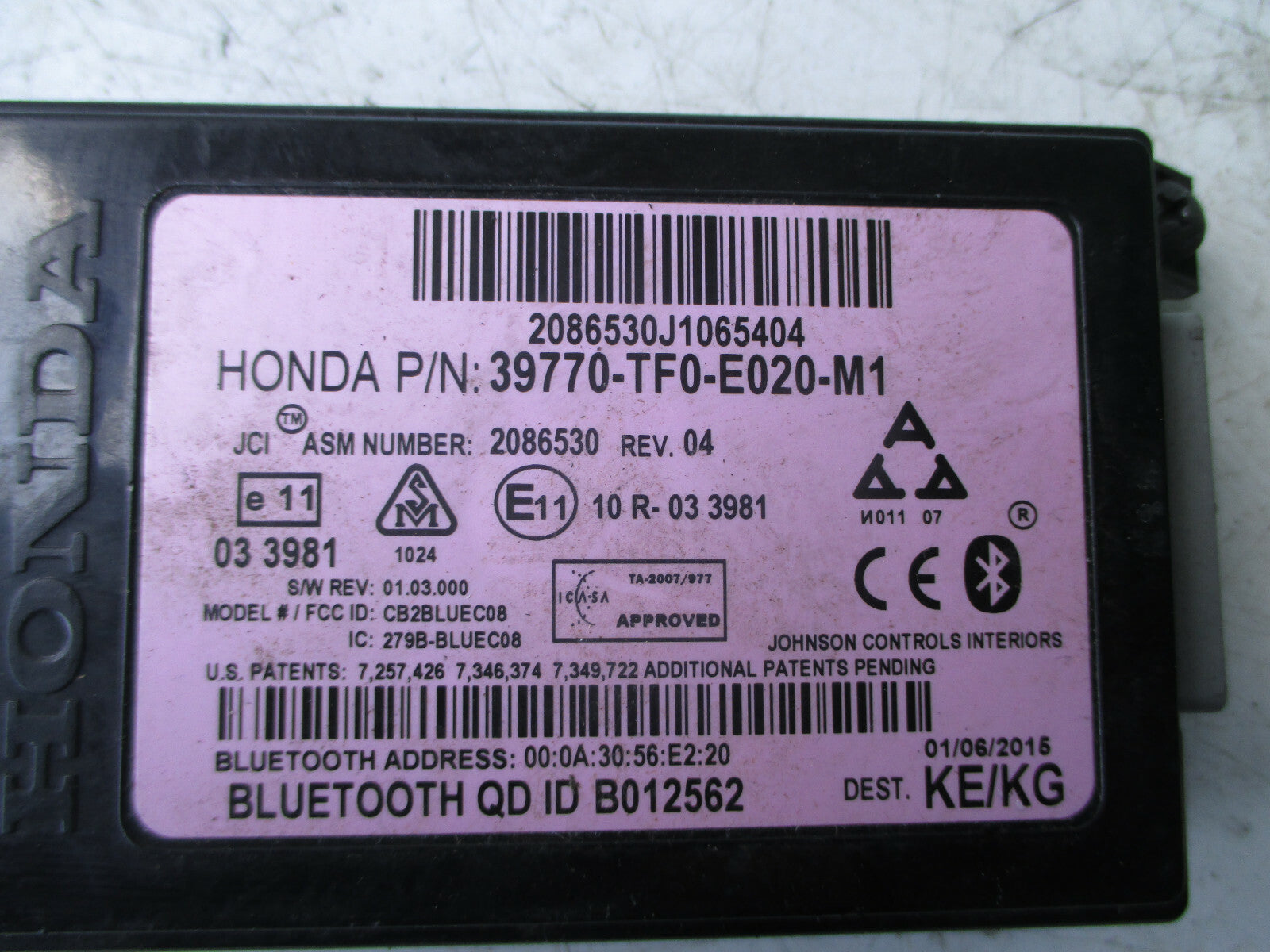 HONDA JAZZ MK3 2015 BLUETOOTH ECU PHONE CALL CONTROL MODULE 39770-TF0-E020-M1