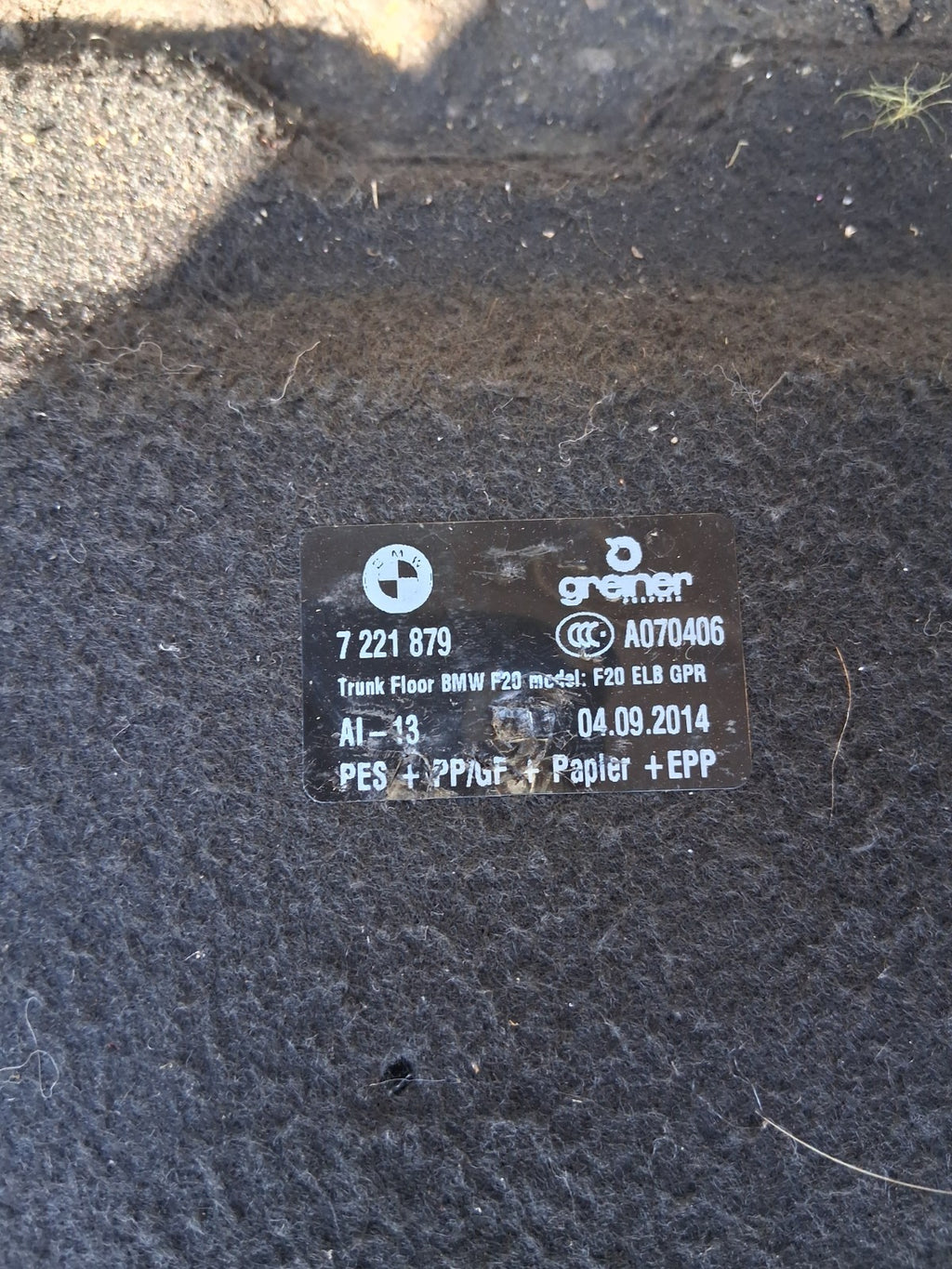 BMW 1 SERIES F20 LCI 2015 REAR BOOT FLOOR LINER CARPET MAT 7221879