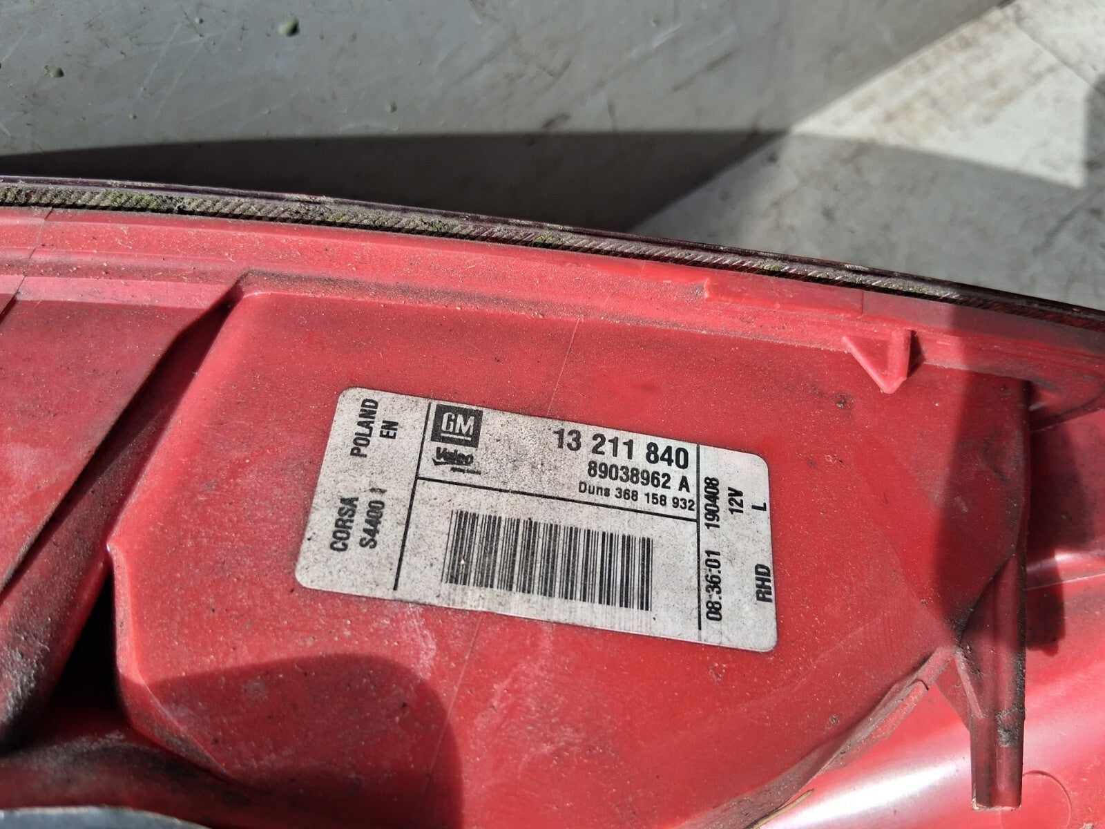 2012 VAUXHALL CORSA D NSR PASSENGER SIDE REAR LEFT TAIL LIGHT 89038962A