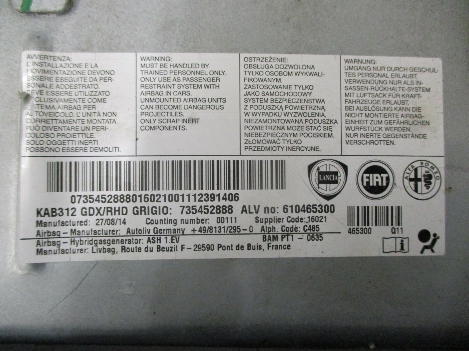 FIAT 500 2014 OS DRIVER SIDE LOWER KNEE AIRBAG AIRBAG UNIT 735452888 610465300