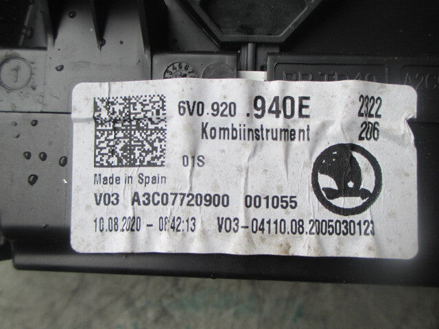 SKODA FABIA TYPE NJ 2020 SPEEDOMETER INSTRUMENT CLUSTER 6V0920940E
