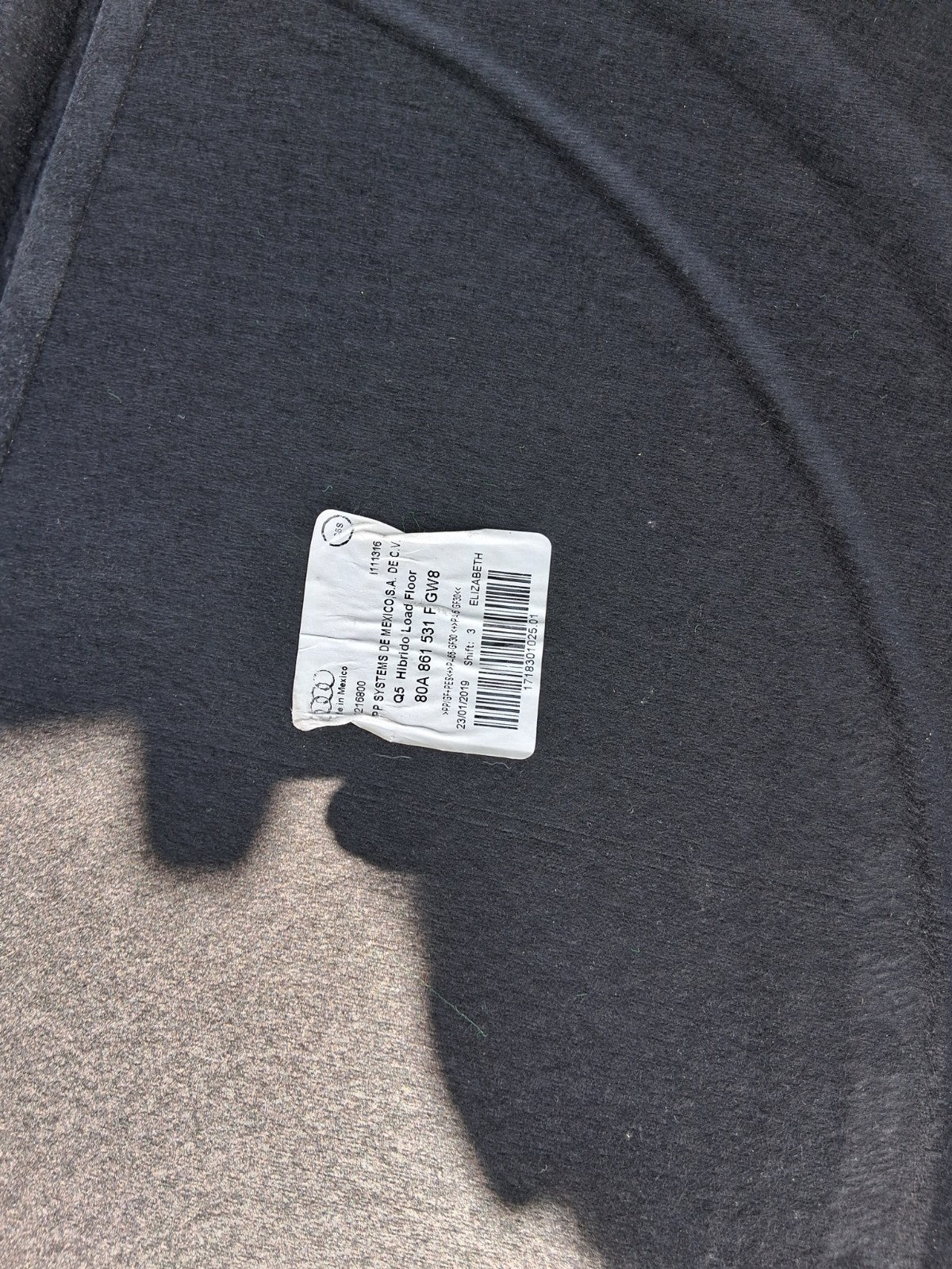 2019 AUDI Q5 FY REAR BOOT FLOOR CARPET LINER 80A861531F