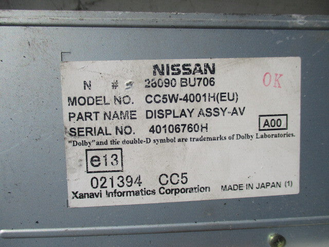 2005 NISSAN ALMERA DIGITAL NAVIGATION DISPLAY SCREEN 28090BU708