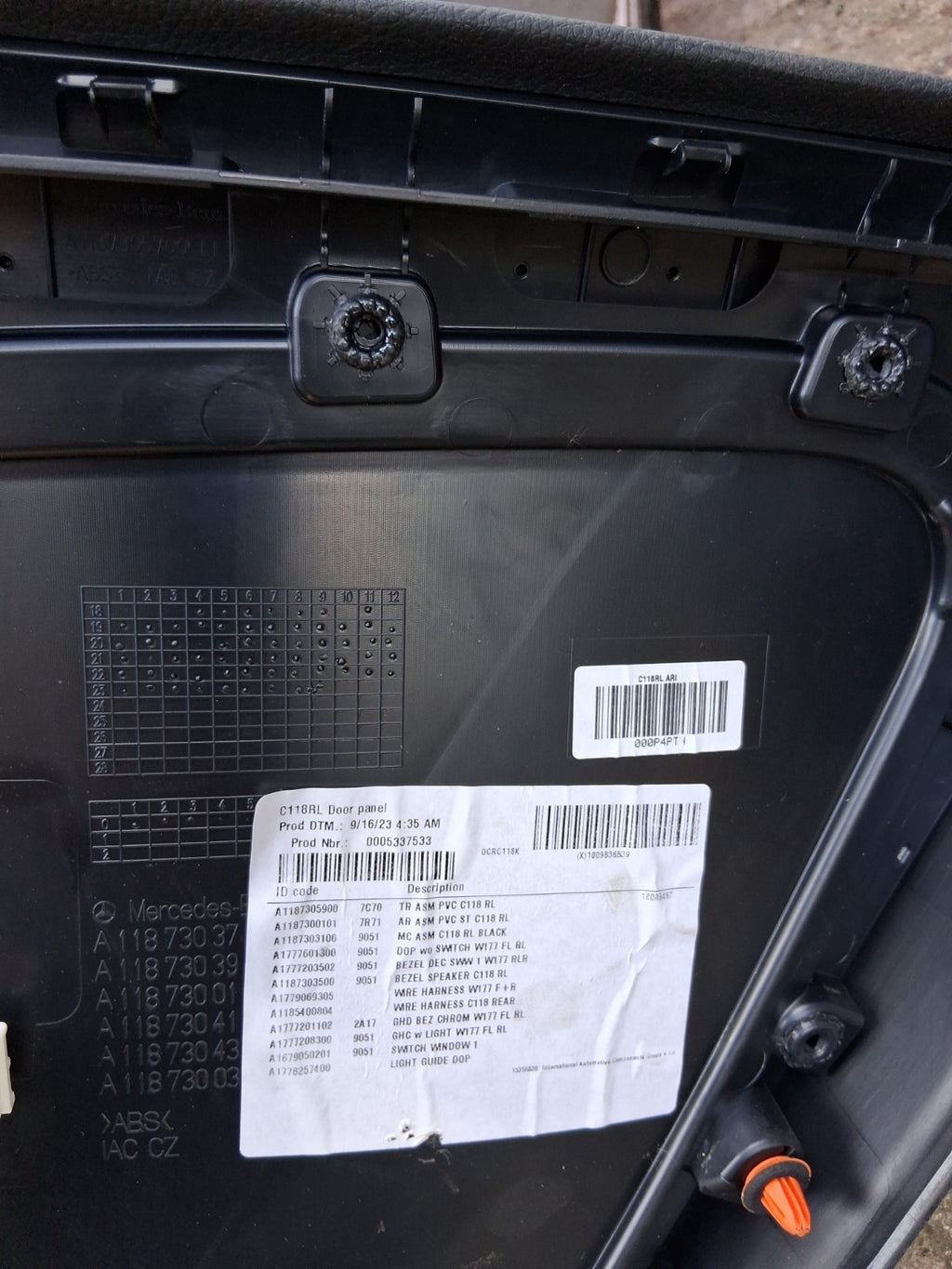 2023 MERCEDES CLA C118 NSR PASSENGER SIDE REAR LEFT DOOR CARD PANEL A1187209100