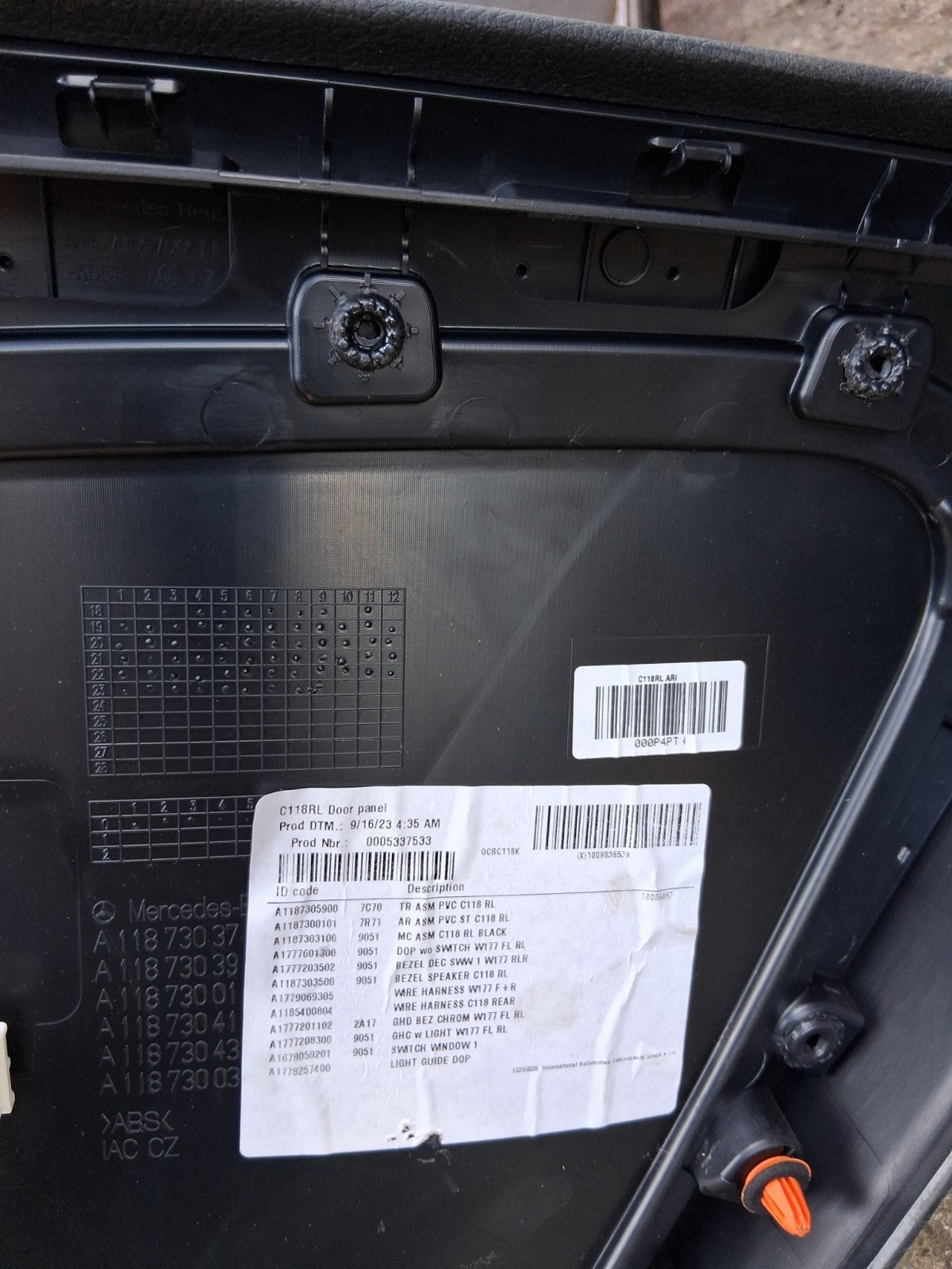 2023 MERCEDES CLA C118 NSR PASSENGER SIDE REAR LEFT DOOR CARD PANEL A1187209100