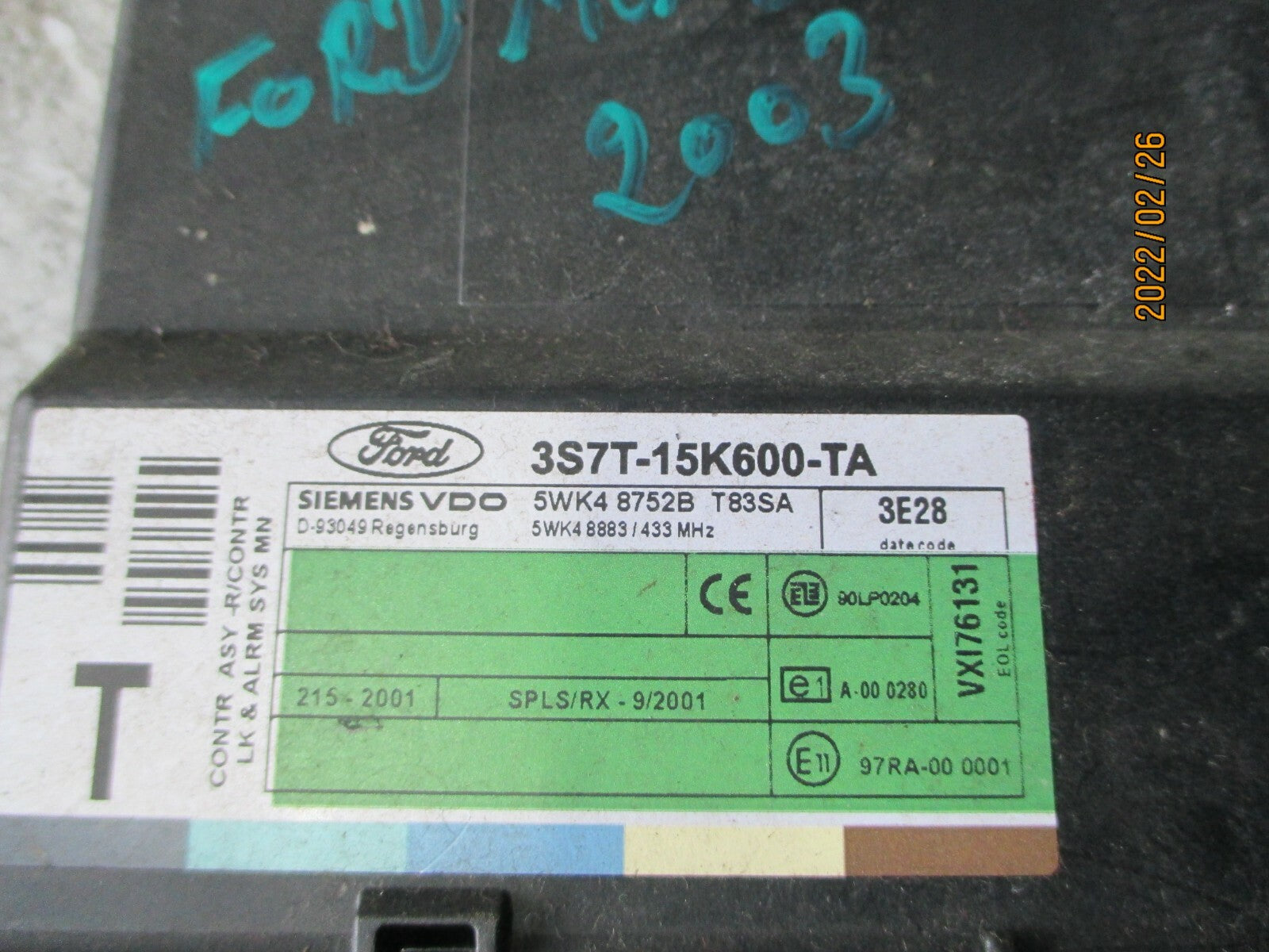 FORD MONDEO 2003 MK2 CENTRAL LOCKING CONTROL MODULE 3S7T15K600