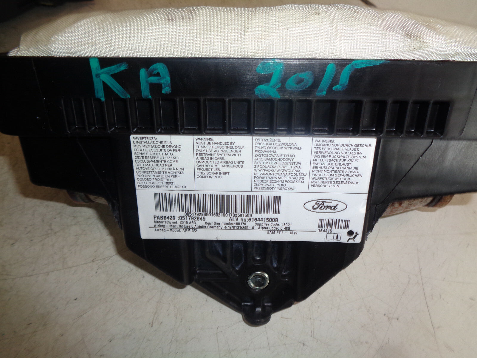 FORD KA MK2 2015 3 DOOR NS PASSENGER SIDE DASHBOARD SAFETY BAG 051792845