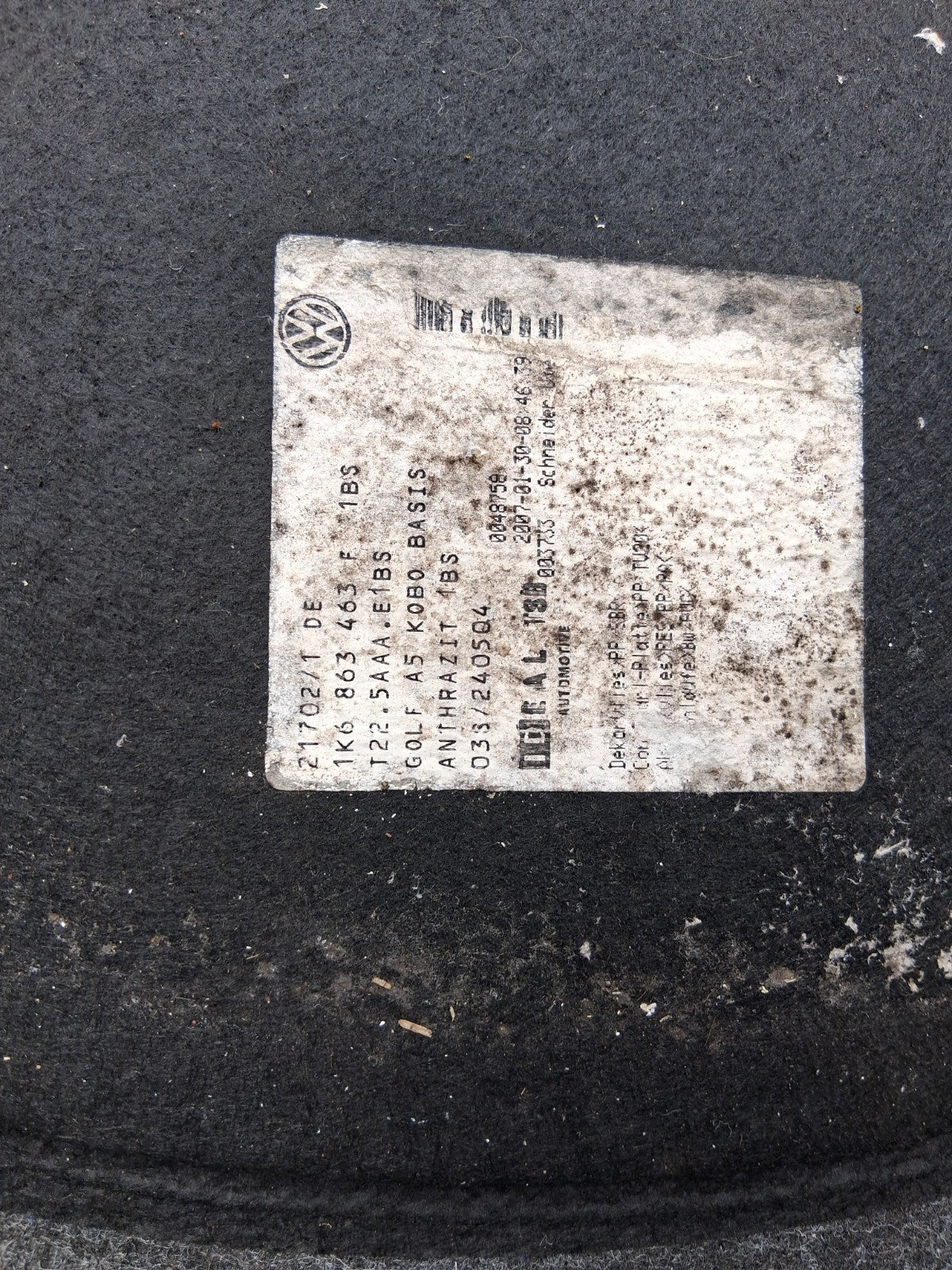 2007 VW VOLKSWAGEN GOLF MK5 REAR BOOT CARPET 1K6863463F