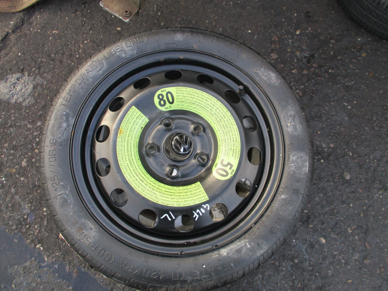 2012 VW VOLKSWAGEN GOLF MK7 SPACESAVER WHEEL WITH TYRE T125/70R16