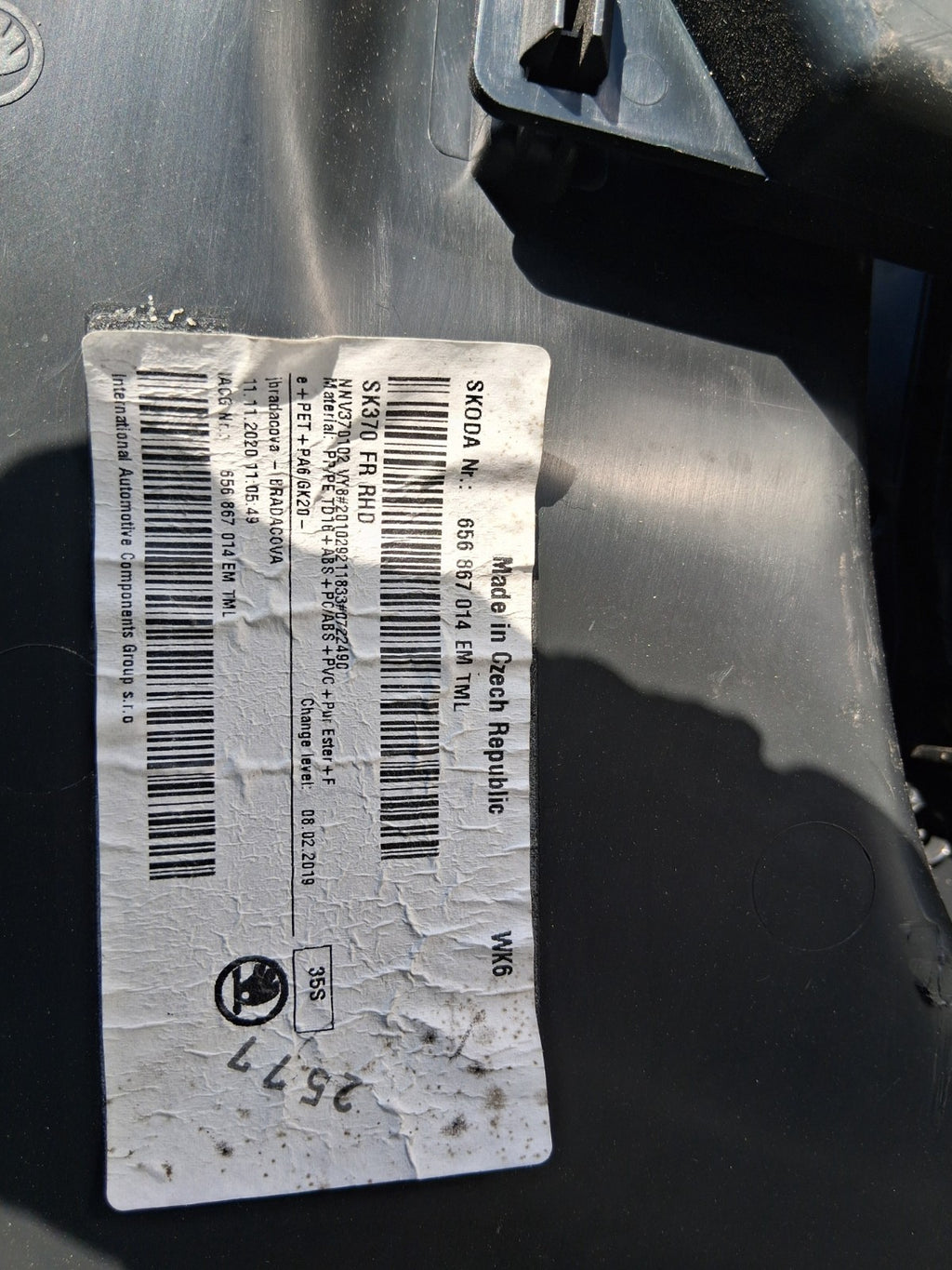 2021 SKODA SCALA OSF DRIVER SIDE FRONT DOOR CARD PANEL 656867014