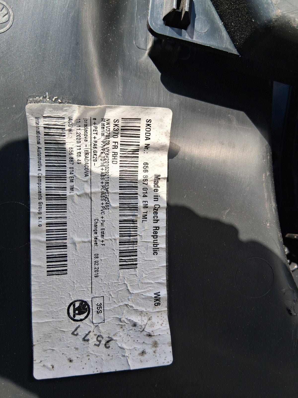 2021 SKODA SCALA OSF DRIVER SIDE FRONT DOOR CARD PANEL 656867014