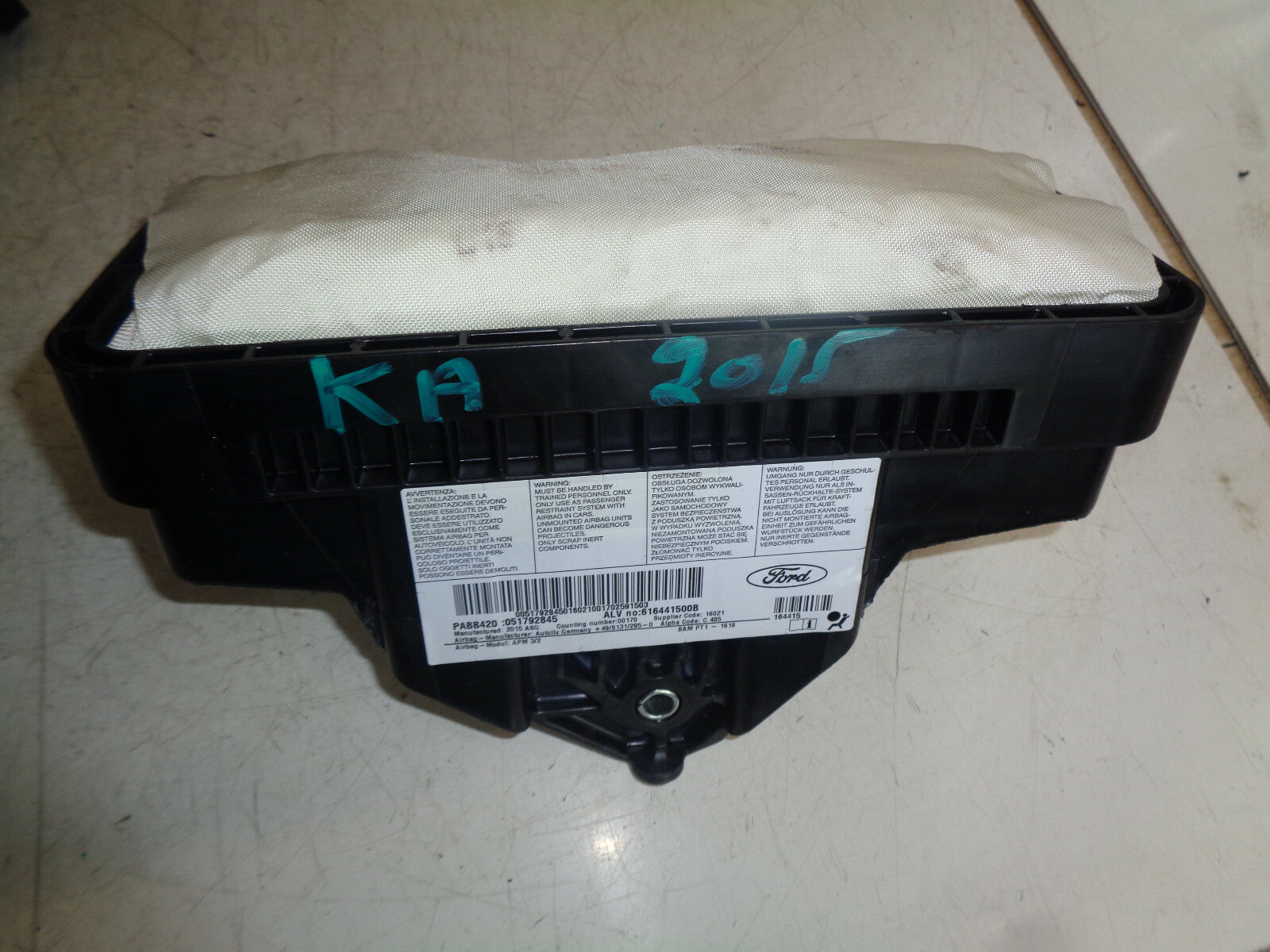 FORD KA MK2 2015 3 DOOR NS PASSENGER SIDE DASHBOARD SAFETY BAG 051792845