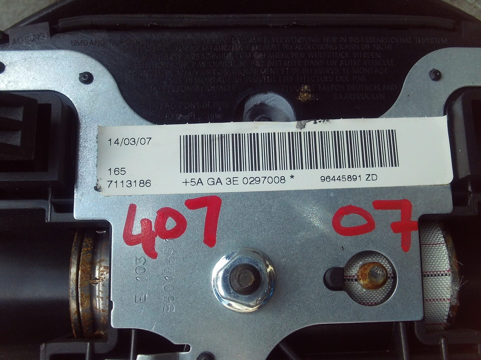 2007 PEUGEOT 407 STEERING WHEEL AIRBAG 96445891