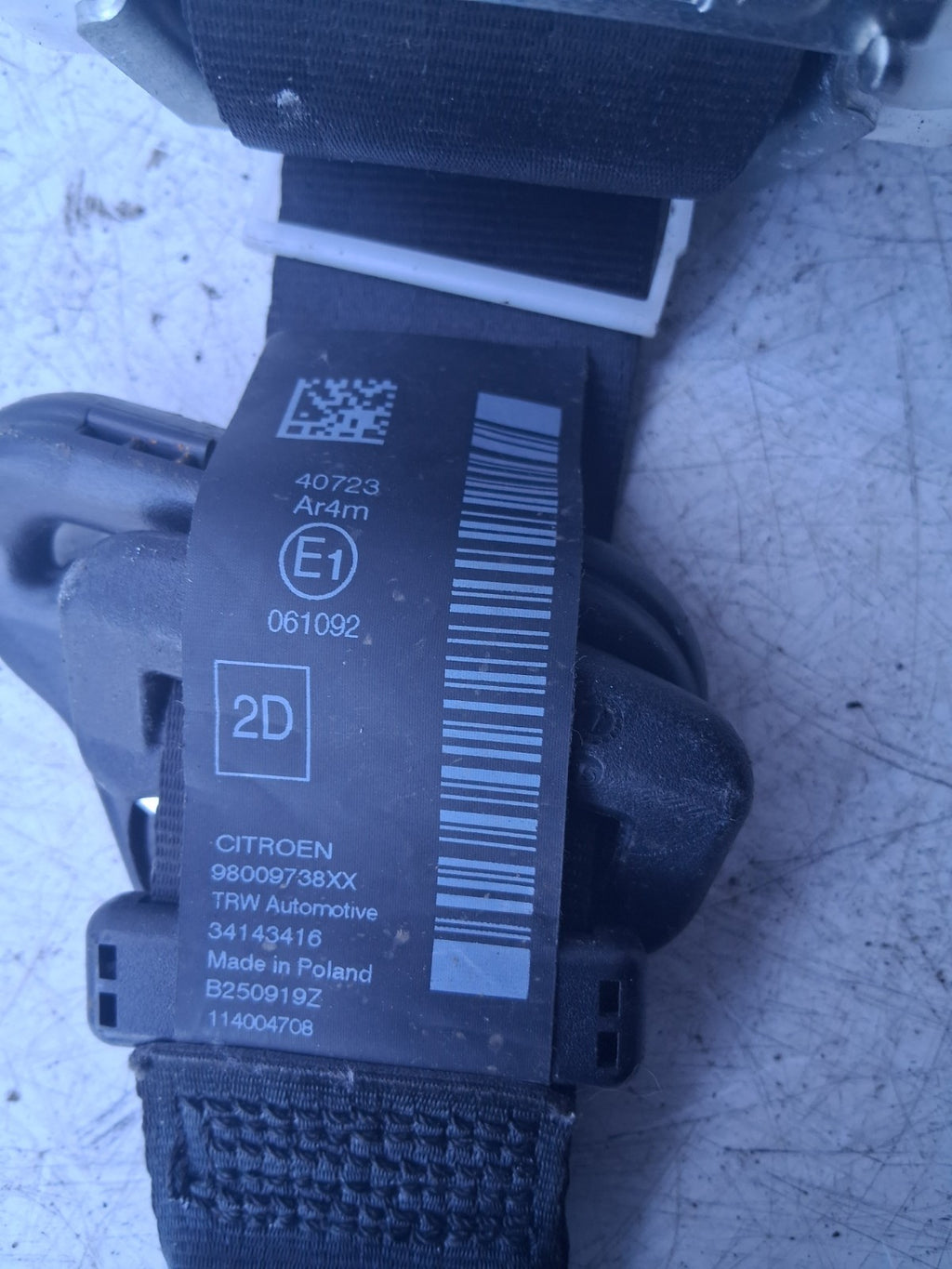 2019 CITROEN C4 CACTUS OSR REAR RIGHT DRIVER SIDE SEATBELT 98009738XX