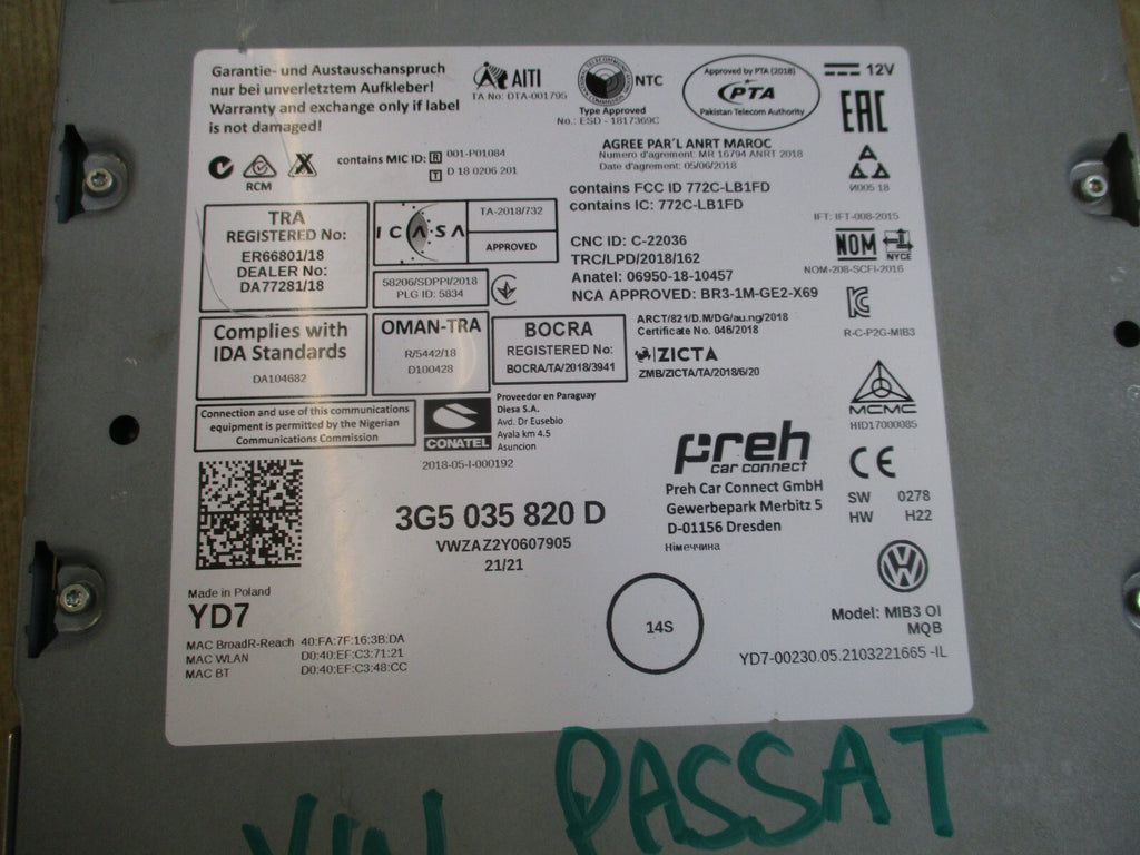 2021 VOLKSWAGEN PASSAT B8 SAT NAV HEAD UNIT DISPLAY SCREEN 5G6919605B 3G5035820D