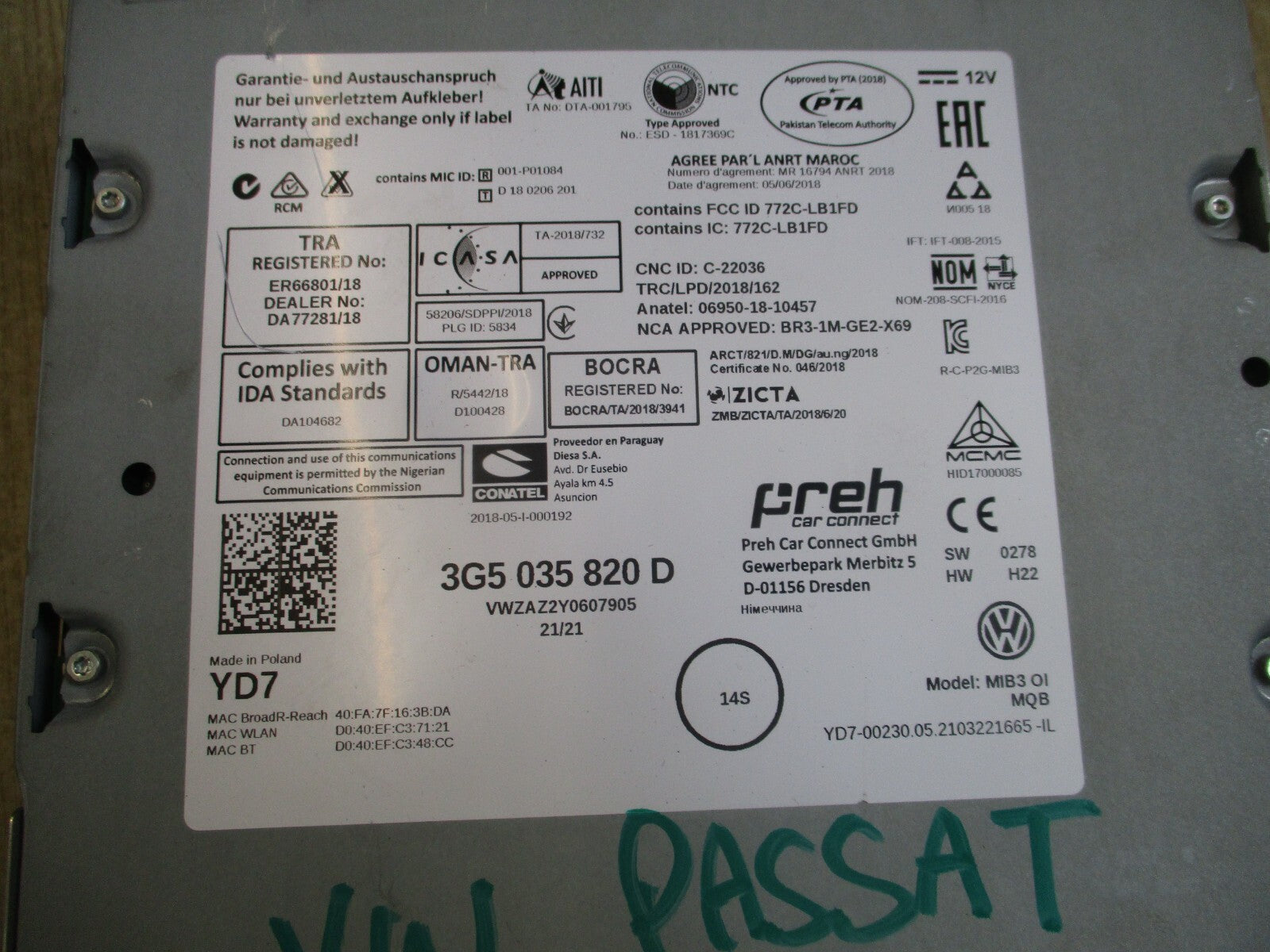2021 VOLKSWAGEN PASSAT B8 SAT NAV HEAD UNIT DISPLAY SCREEN 5G6919605B 3G5035820D