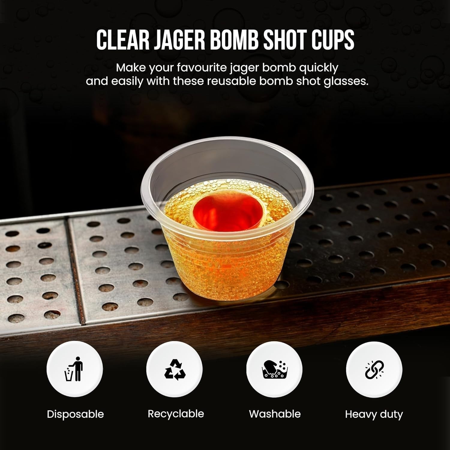 JAGER BOMB SHOT GLASSES 50X  STRONG DISPOSIBLE PLASTIC BOMBER GLASS 25ML+ 60ML