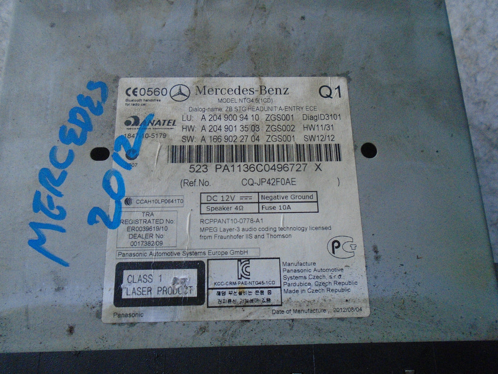 MERCEDES C CLASS 2012 W204 RADIO CD PLAYER STEREO HEAD UNIT A2049013503