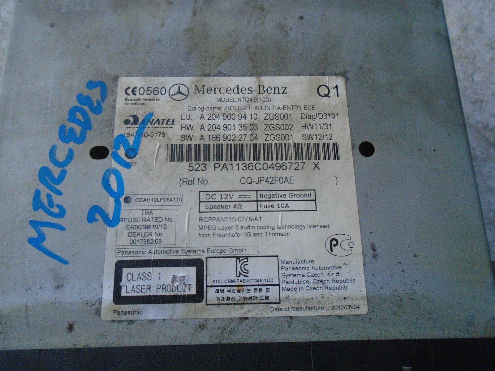 MERCEDES C CLASS 2012 W204 RADIO CD PLAYER STEREO HEAD UNIT A2049013503