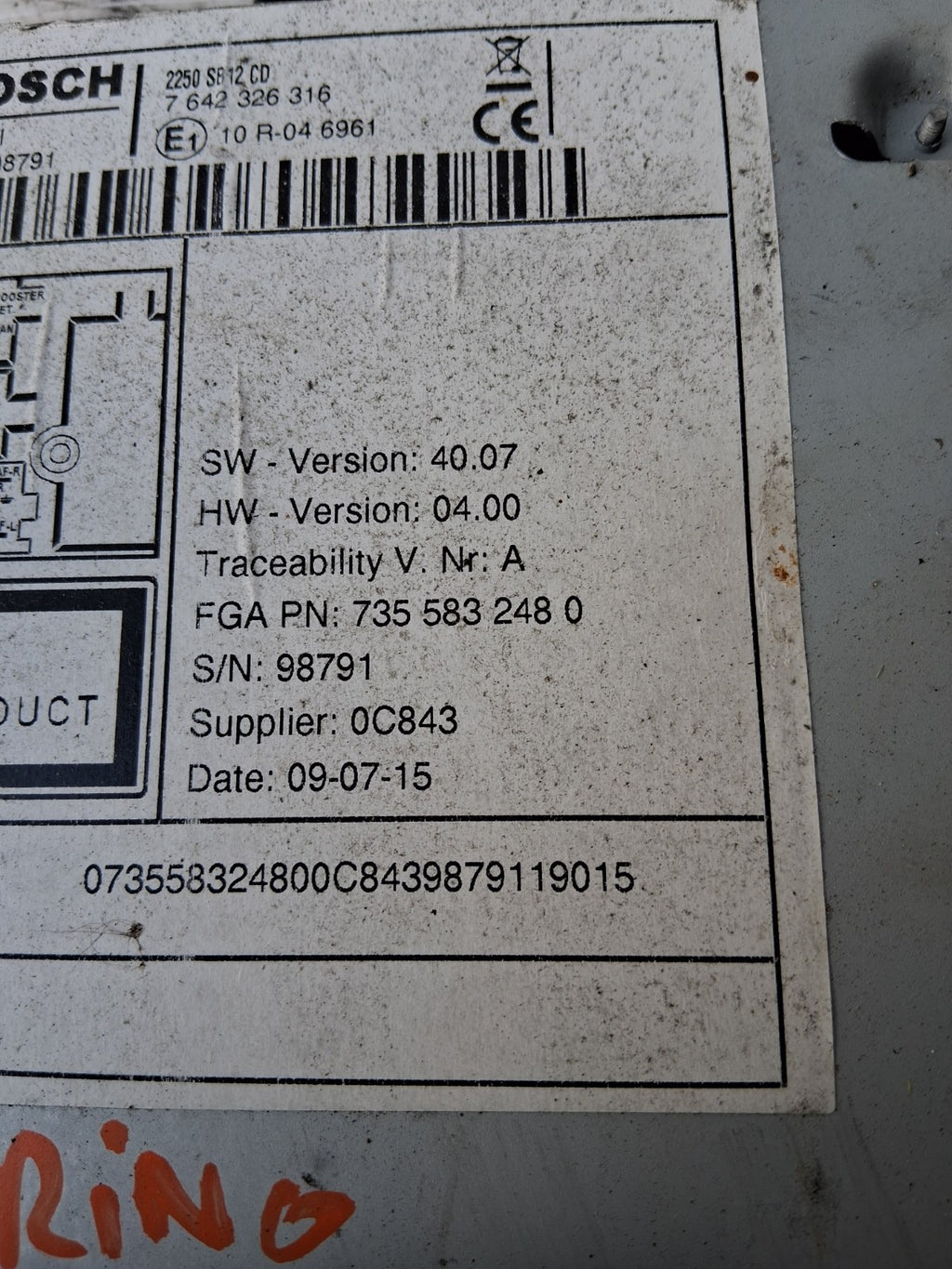 2015 FIAT FIORINO CD PLAYER STEREO HEAD UNIT 7355832480