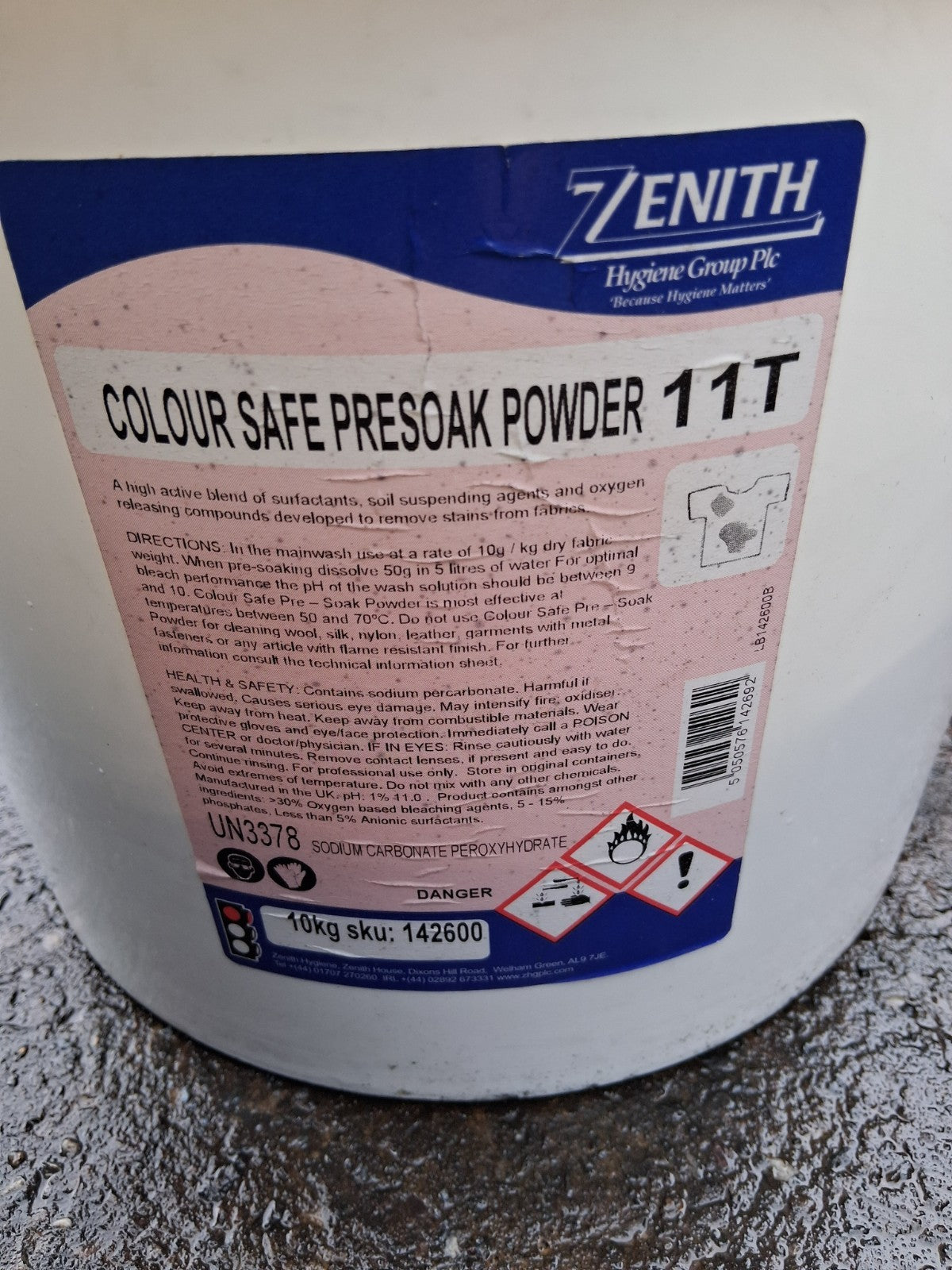 ZENITH COLOUR SAFE PRE SOAK POWDER 10KG WASHING FABRIC STAIN REMOVER 11T