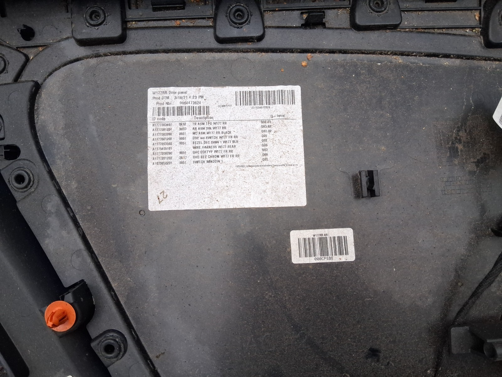 2021 MERCEDES A CLASS SALOON V177 OSR DRIVER REAR RIGHT DOOR CARD A1777204001