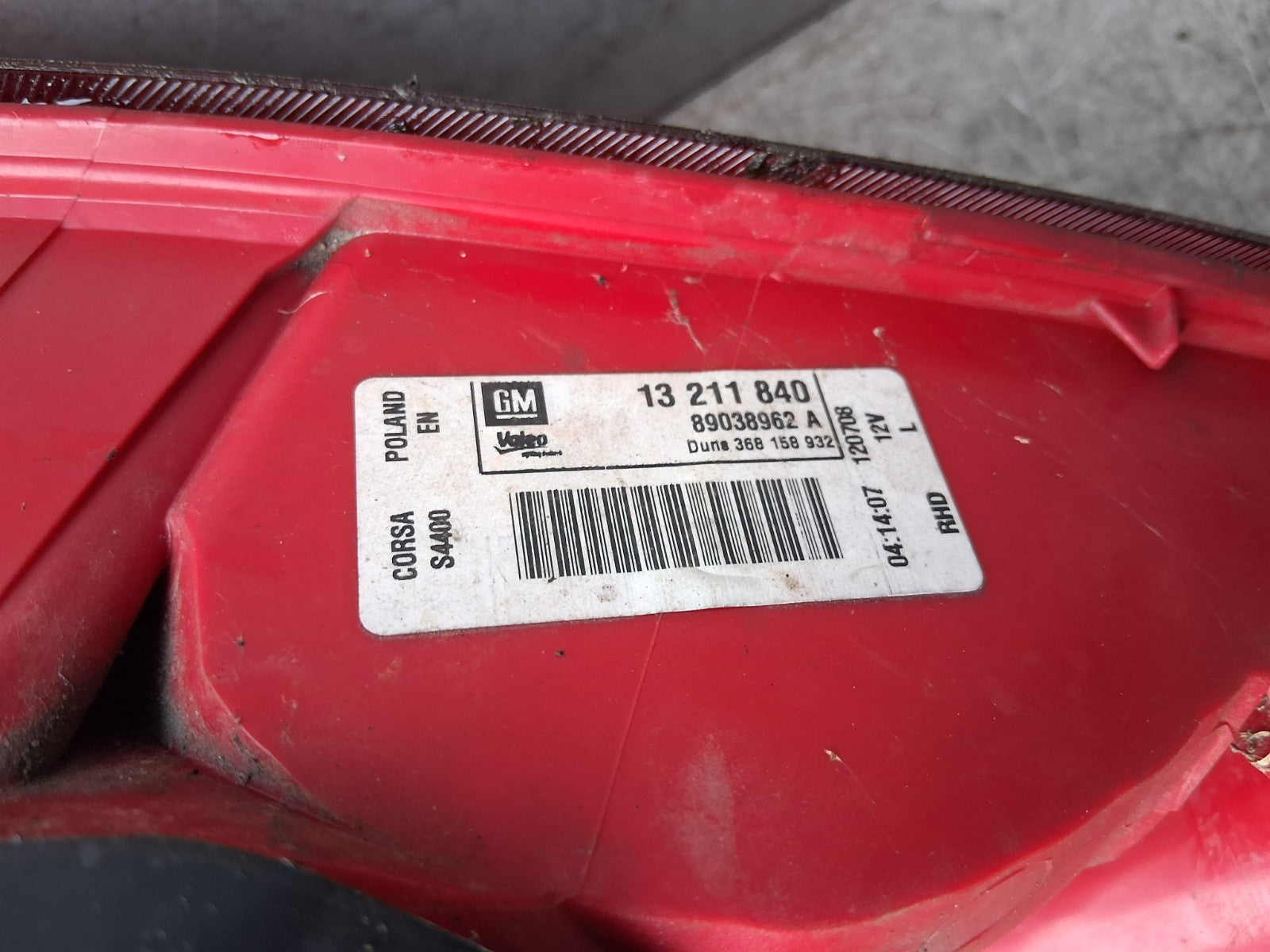 2008 VAUXHALL CORSA D NSR PASSENGER SIDE REAR LEFT TAIL LIGHT 89038962A