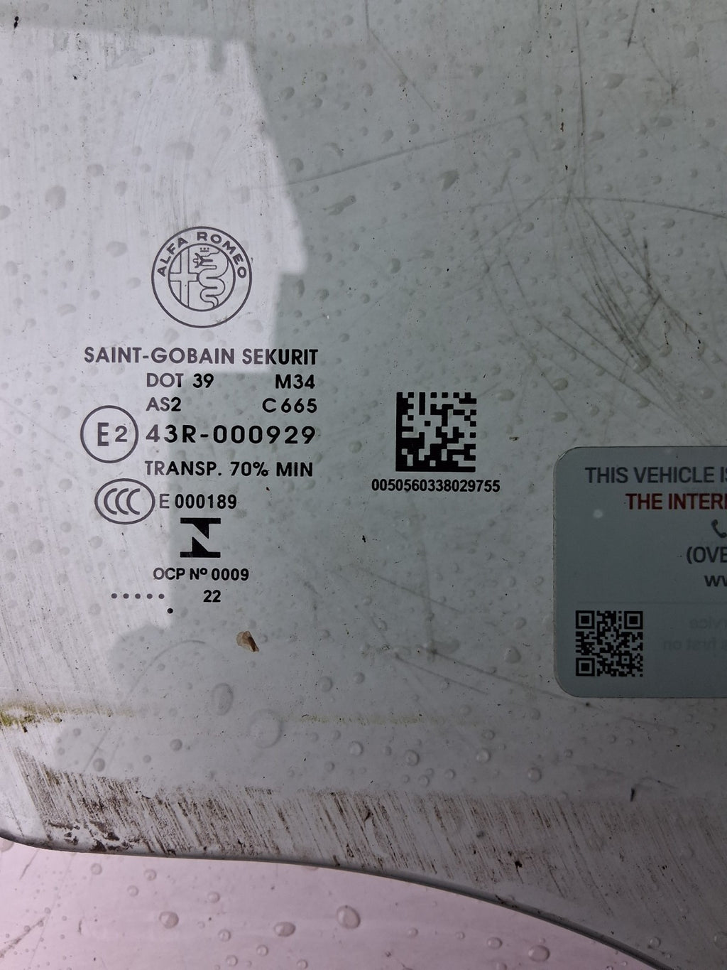 2022 ALFA ROMEO OSF FRONT DRIVER RIGHT SIDE GLASS WINDOW 43R000929