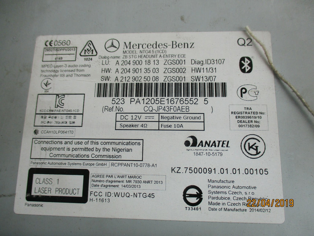 MERCEDES C CLASS W204 RADIO CD PLAYER STEREO SAT NAV HEAD UNIT A2049001813