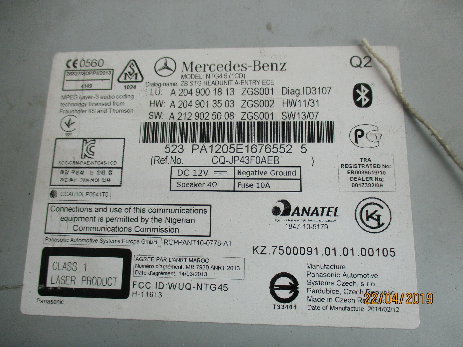 MERCEDES C CLASS W204 RADIO CD PLAYER STEREO SAT NAV HEAD UNIT A2049001813