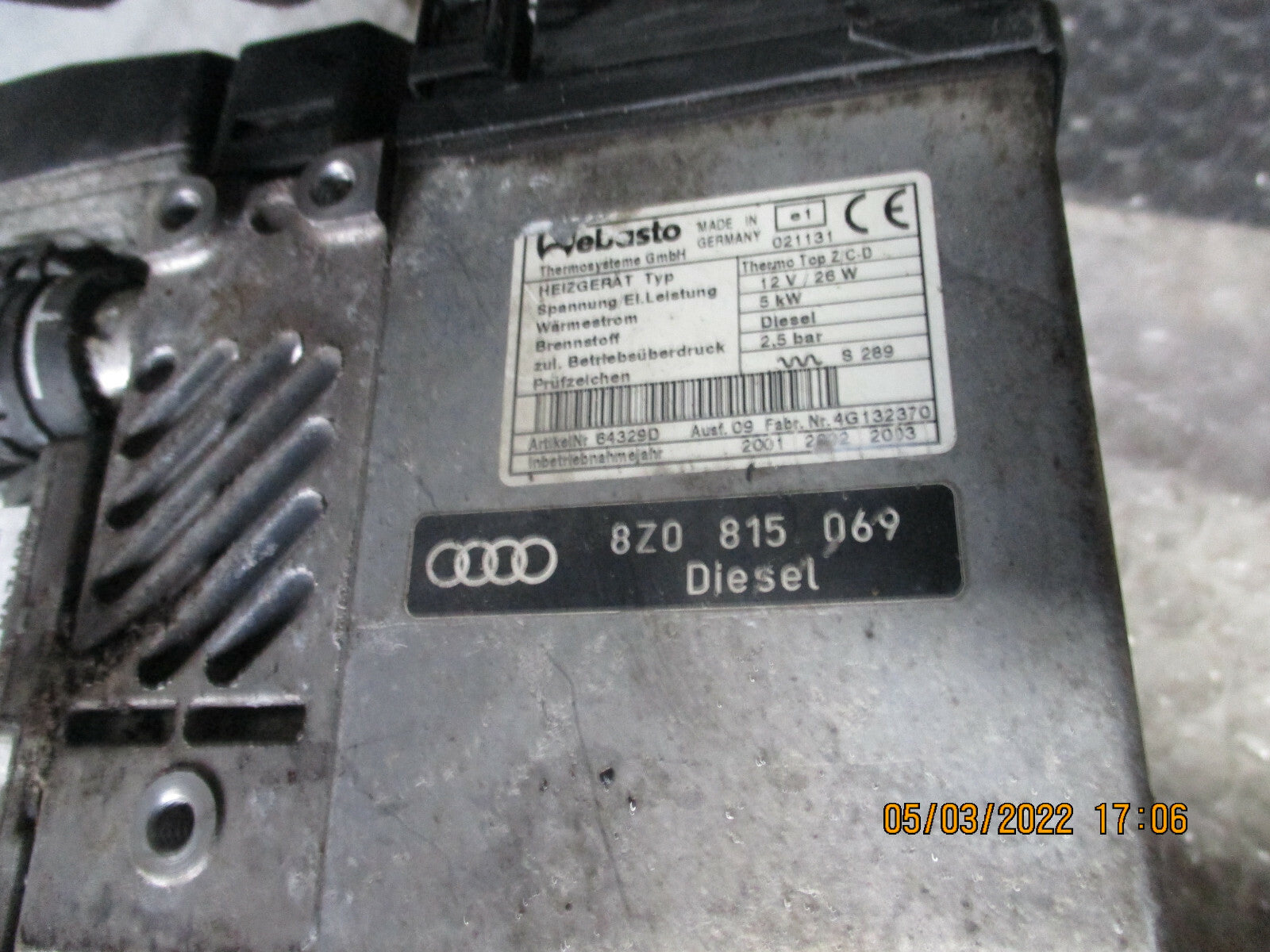 AUDI A2 2007 AUXILARY PRE HEATER SYSTEM DIESEL 8Z0815069
