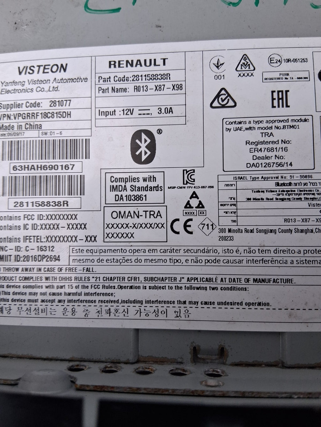 2017 RENAULT CLIO COMPLETE CAR RADIO WITHOUT CODE 281158838R