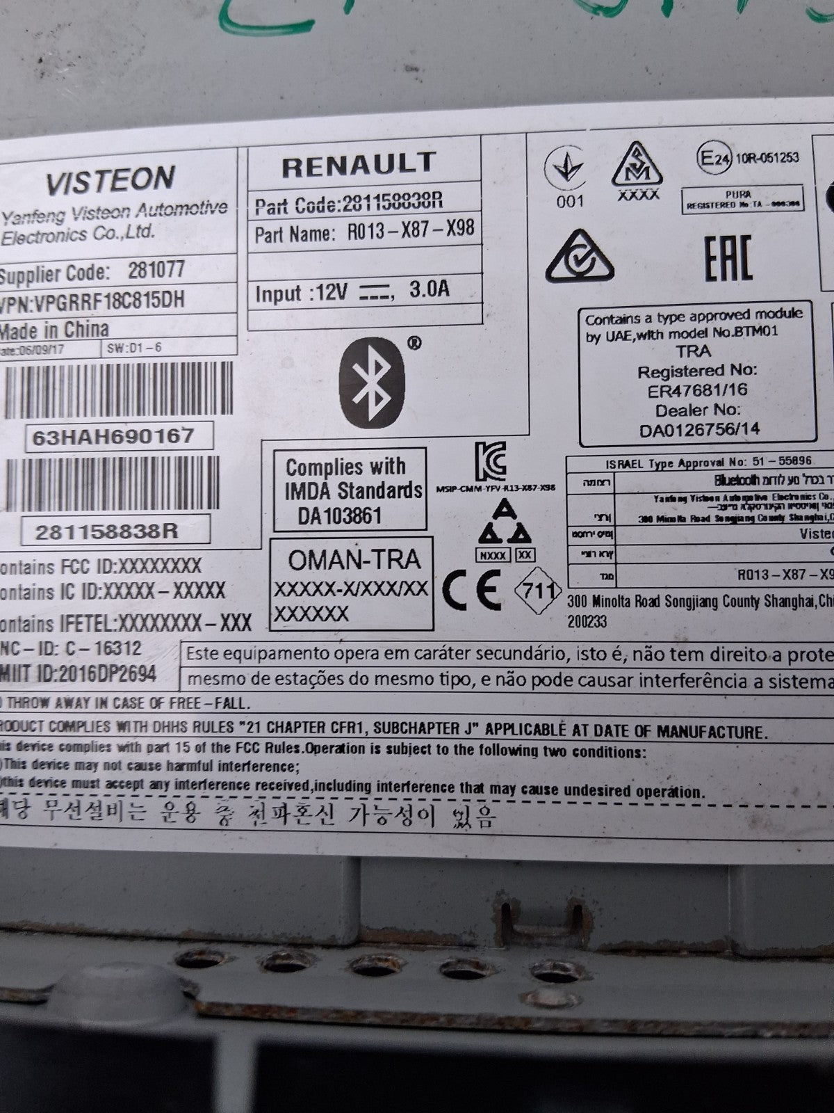 2017 RENAULT CLIO COMPLETE CAR RADIO WITHOUT CODE 281158838R
