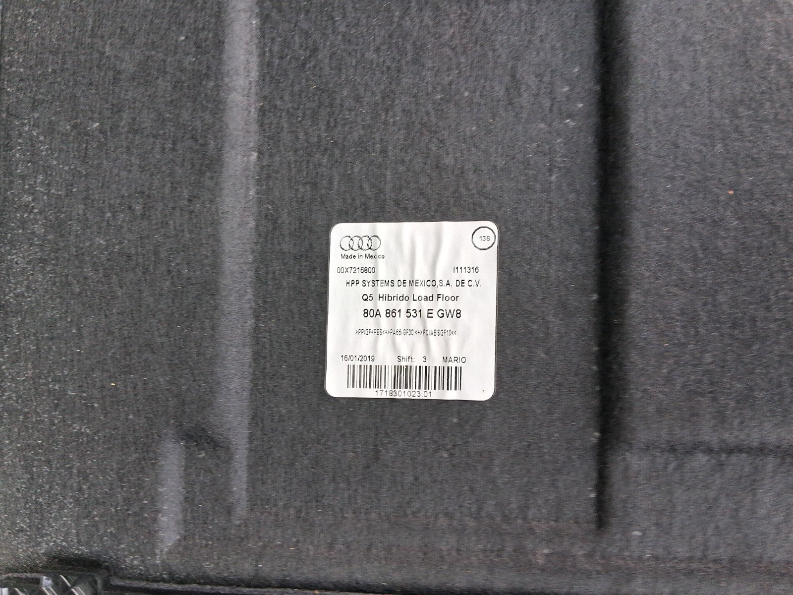 2019 AUDI Q5 FY REAR BOOT FLOOR CARPET TRAY 80A861531E