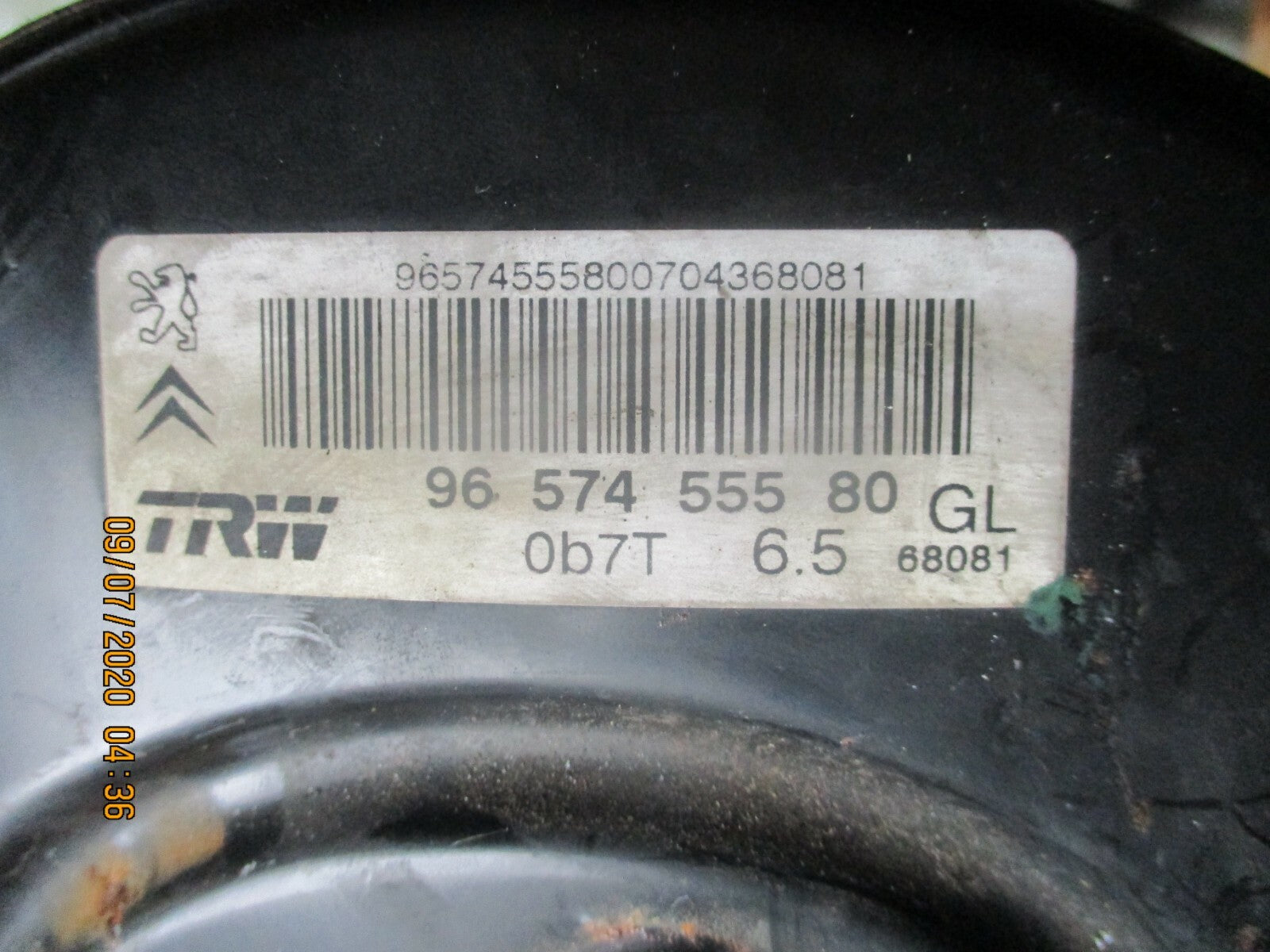 PEUGEOT 207 2007 BRAKE MASTER SERVO CYLINDER DRUM ONLY 9657455580