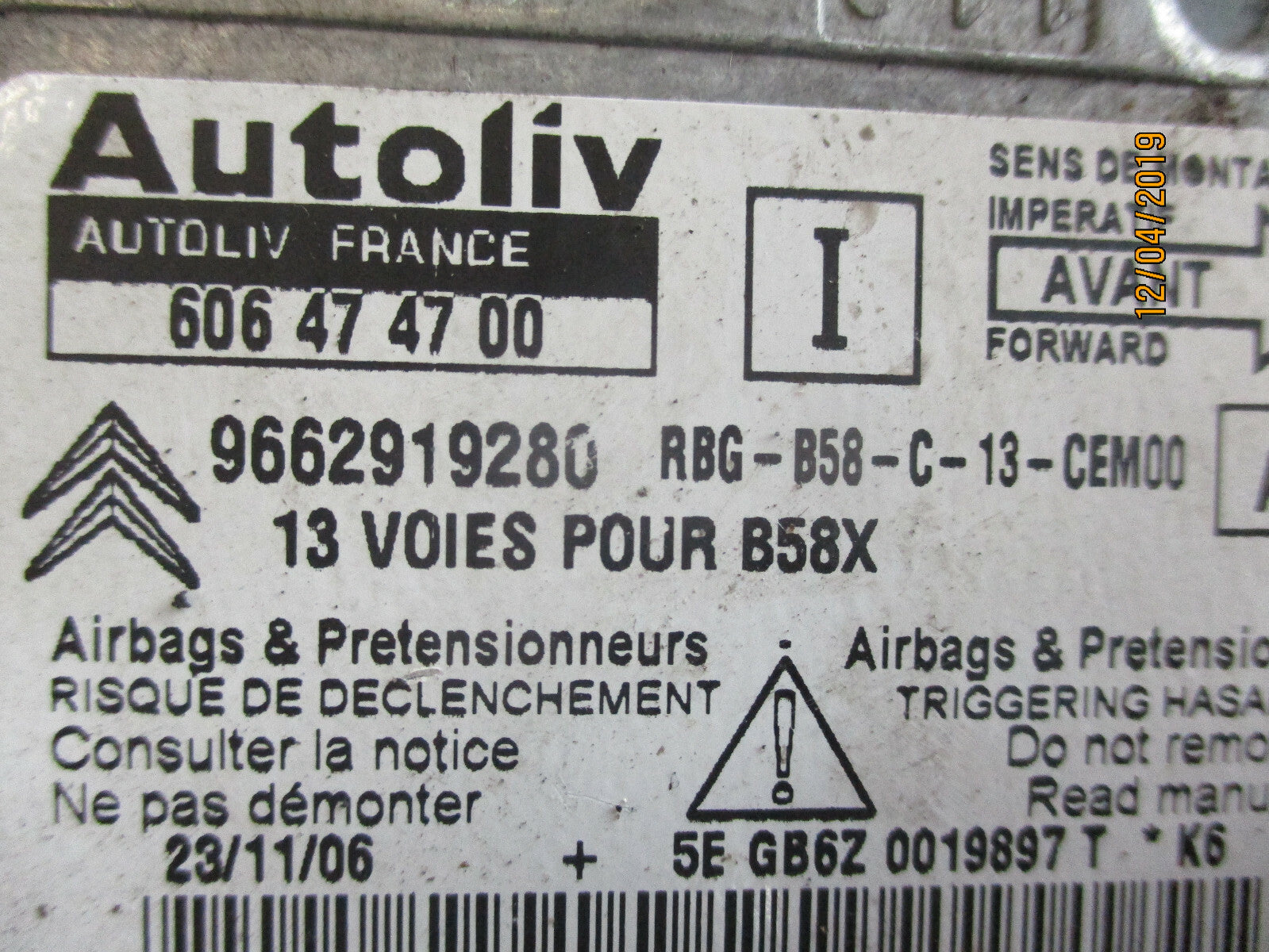 CITROEN C4 PICASSO 2007 AIRBAG CONTROL MODULE ECU 9662919280