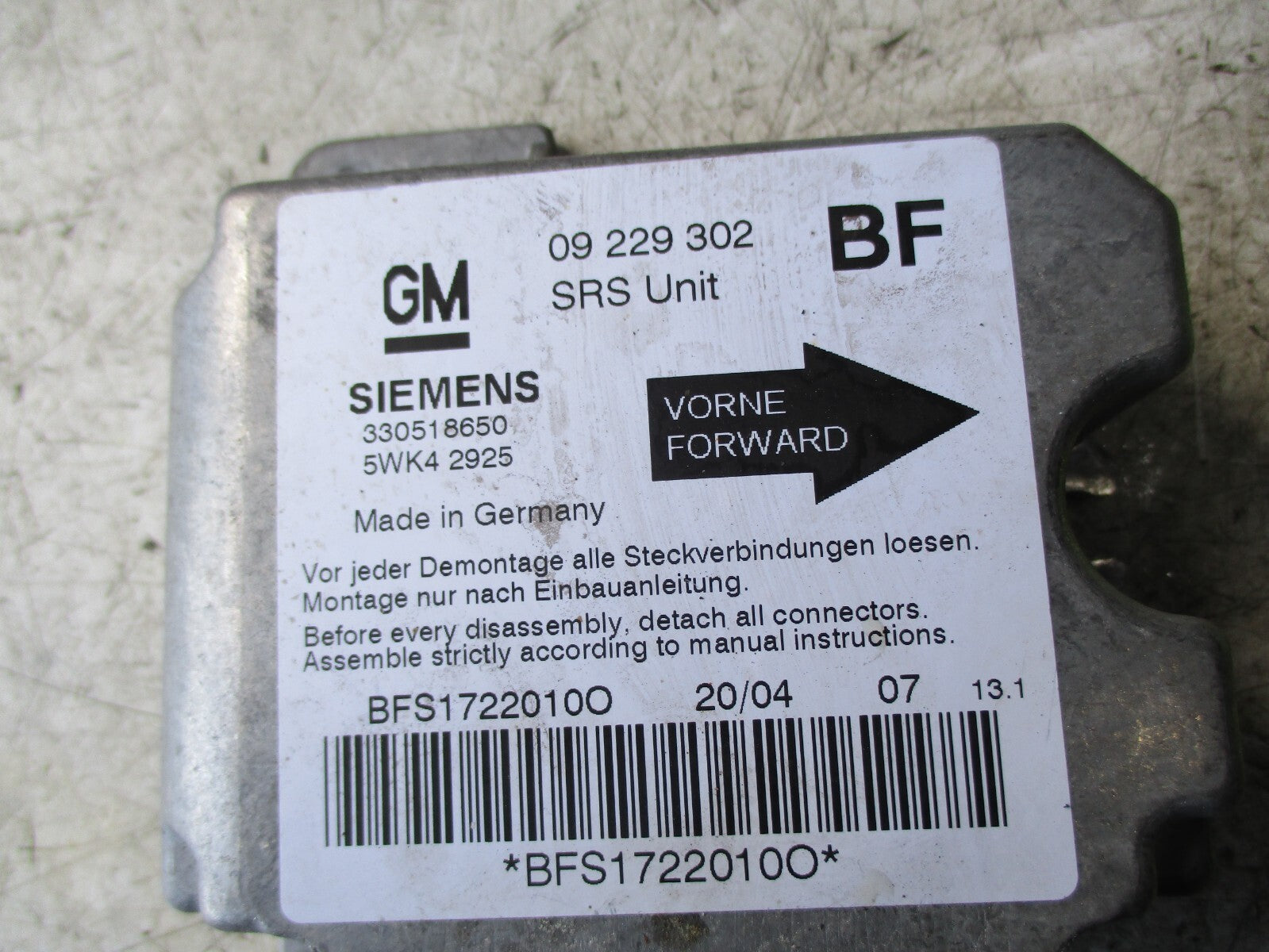VAUXHALL ASTRA AIRBAG CONTROL MODULE 5WK42925