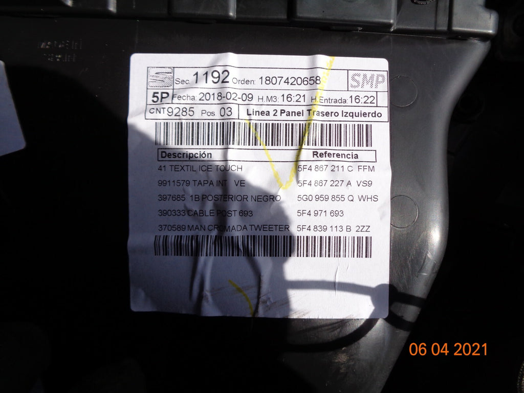 SEAT LEON MK3 5F 1.2 TSI PASSENGER NEAR SIDE REAR DOOR CARD 5F4868605