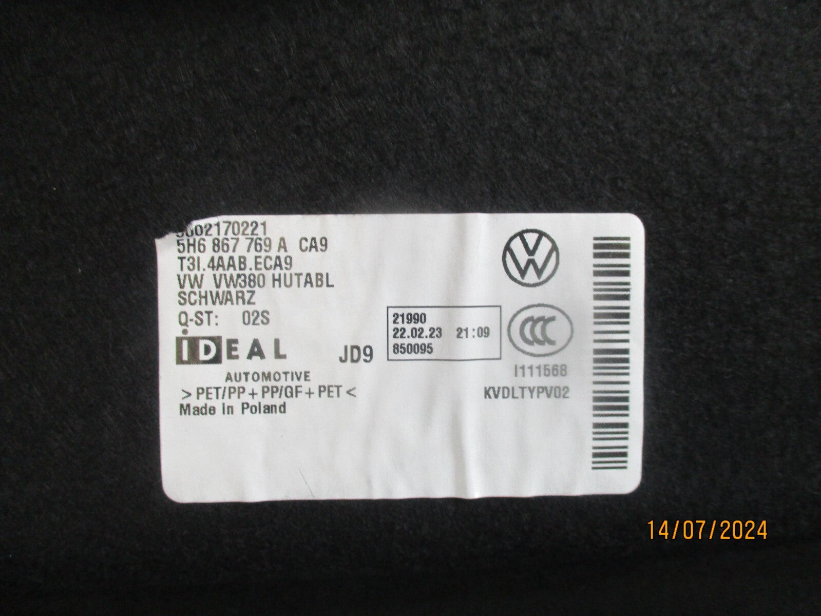 VW VOLKSWAGEN GOLF MK8 2023 REAR LOAD COVER PARCEL SHELF 5H6867769A