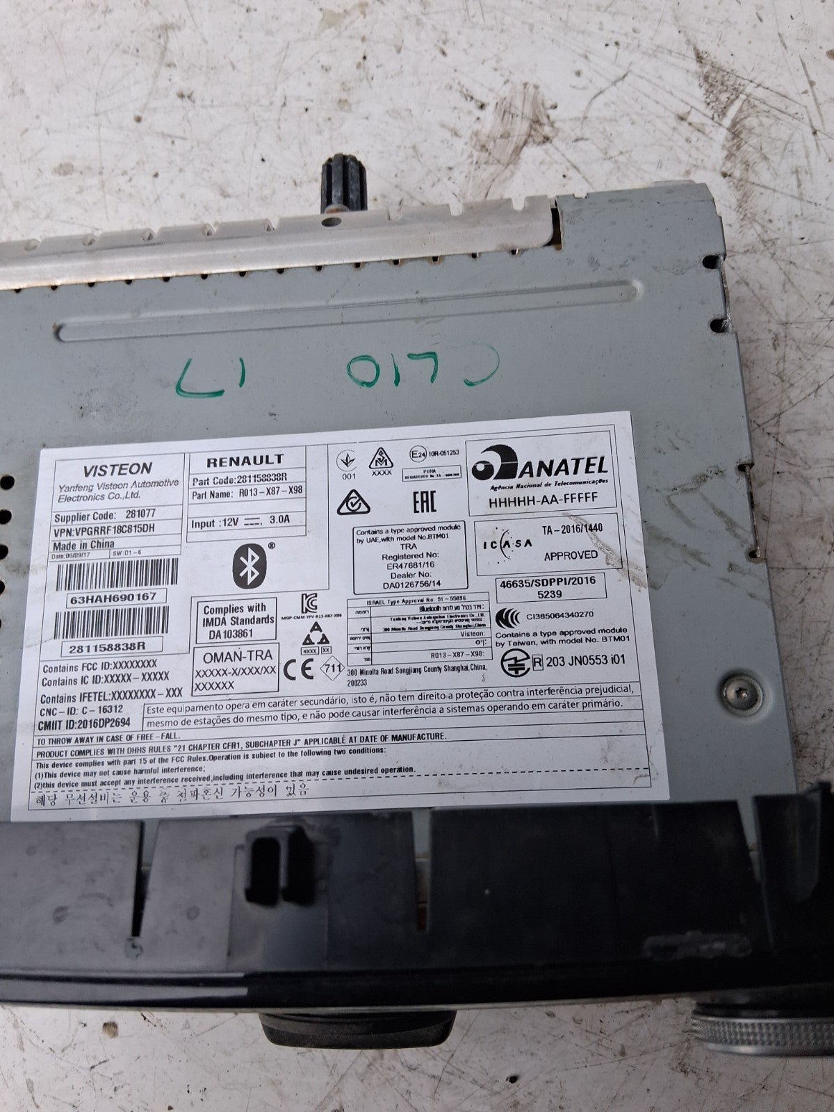 2017 RENAULT CLIO COMPLETE CAR RADIO WITHOUT CODE 281158838R