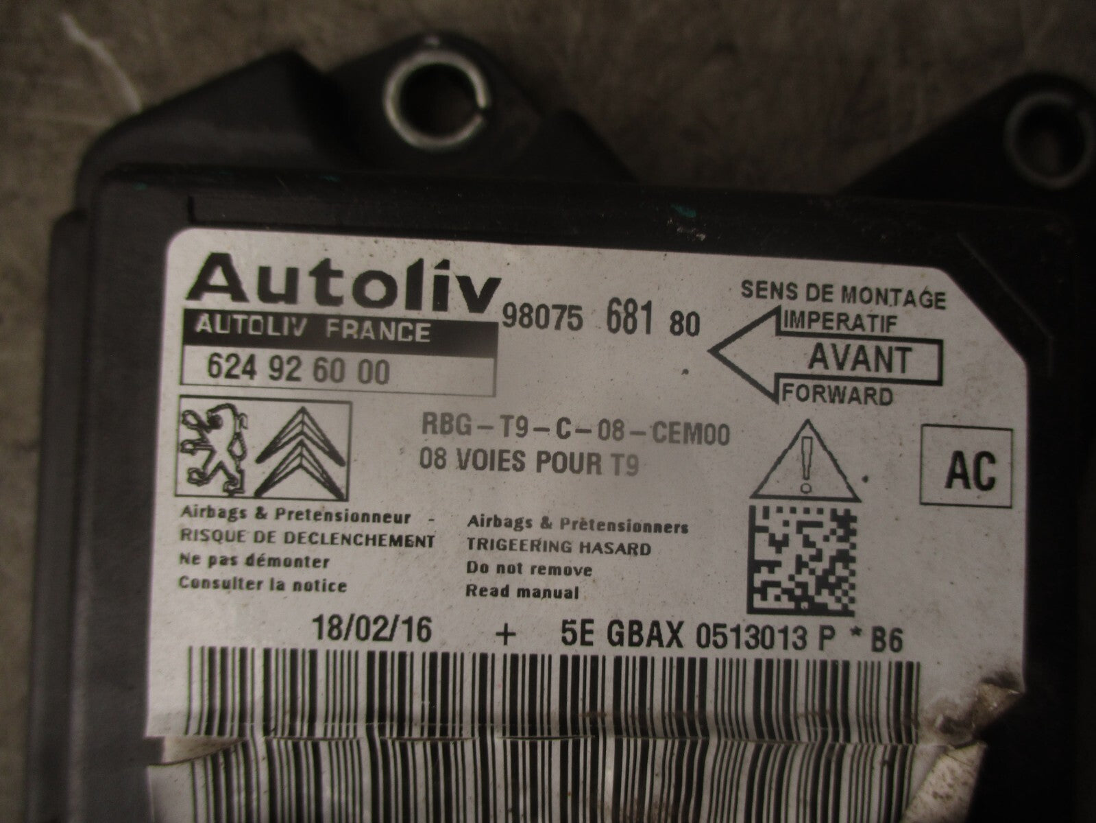 2014 PEUGEOT 308 MK2 SAFETY BAG AIRBAG CONTROL MODULE UNIT ECU 9807568180