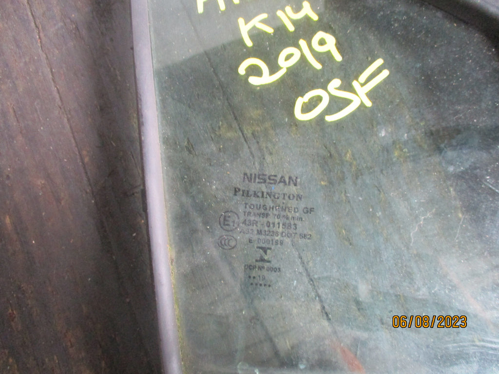 NISSAN MICRA K 14 2019 OSF DRIVER SIDE FRONT QUATER WINDOW GLASS