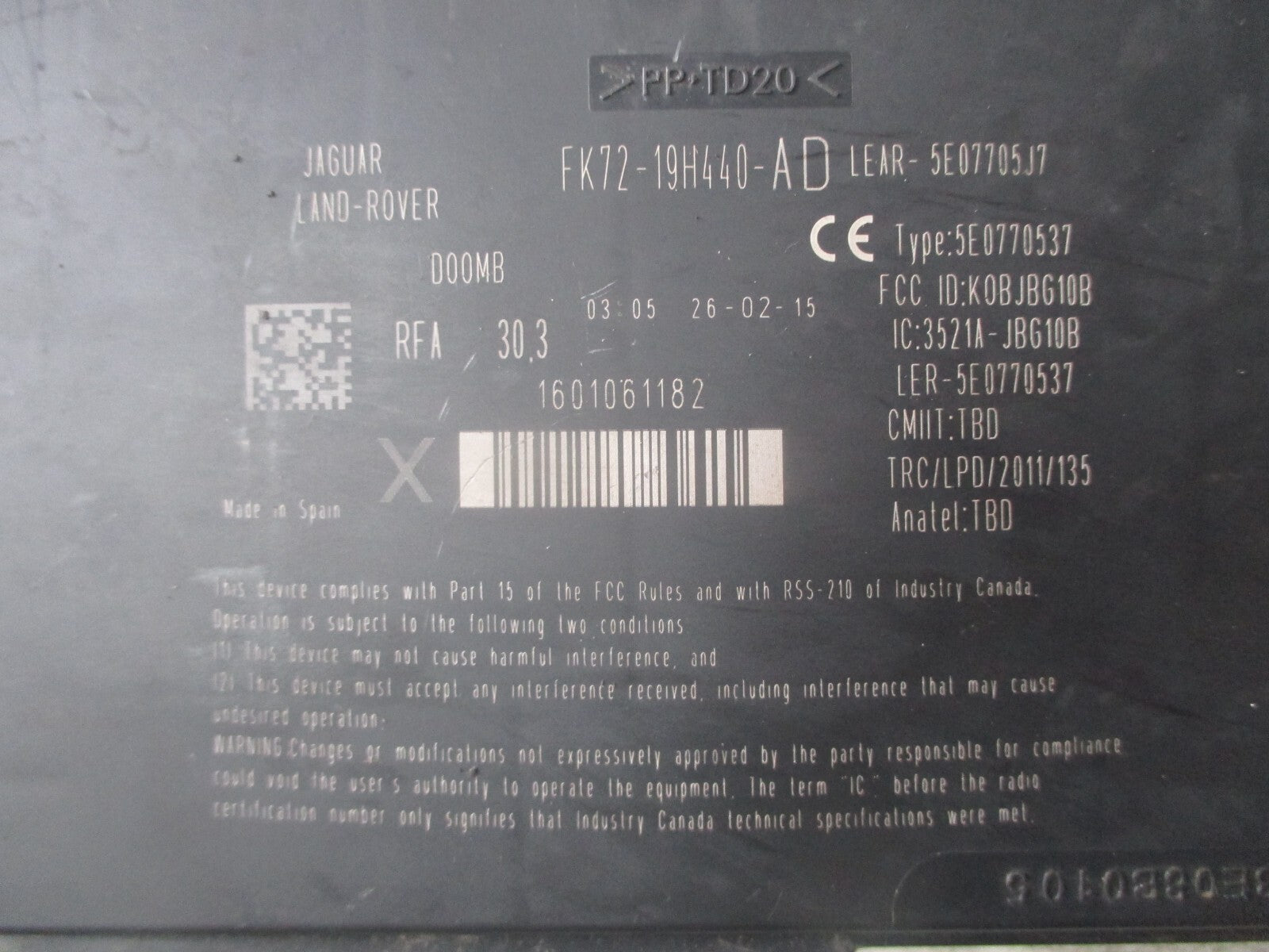 JAGUAR XE X760 2016 KEYLESS ENTRY ECU MODULE FK7219H440AD