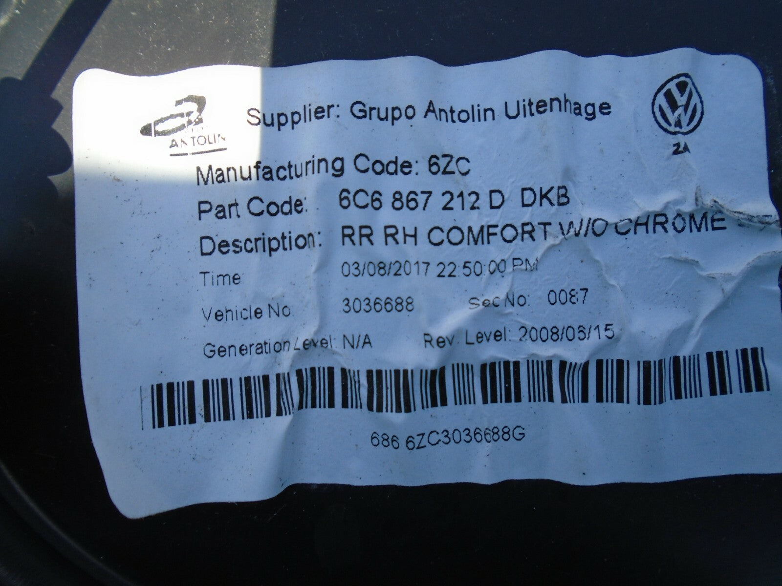 VOLKSWAGEN POLO 2017 OSR DRIVER SIDE REAR DOOR CARD 6C6867212D
