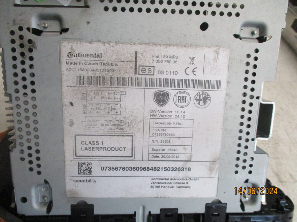 FIAT PANDA MK3 2018 RADIO CD PLAYER STEREO HEAD UNIT 07356760360