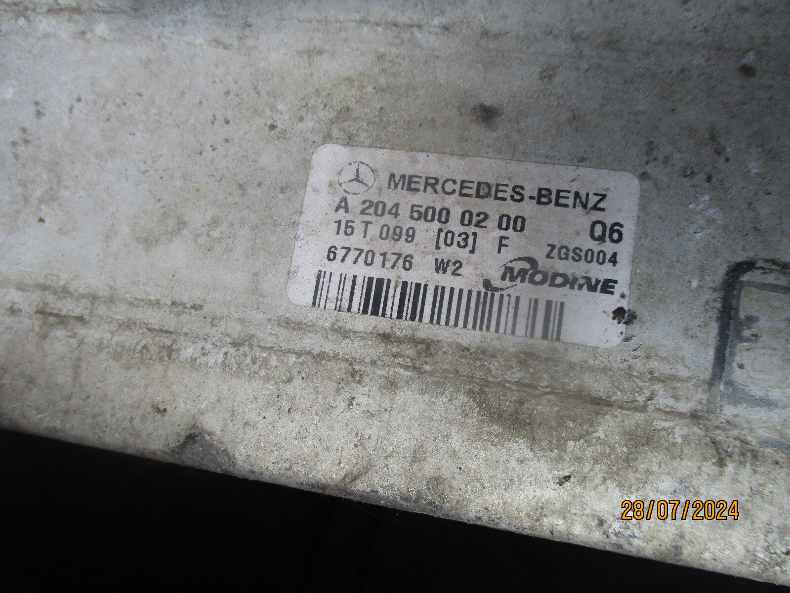 2012 MERCEDES C CLASS 2.1 DIESEL INTERCOOLER RADIATOR A204500020